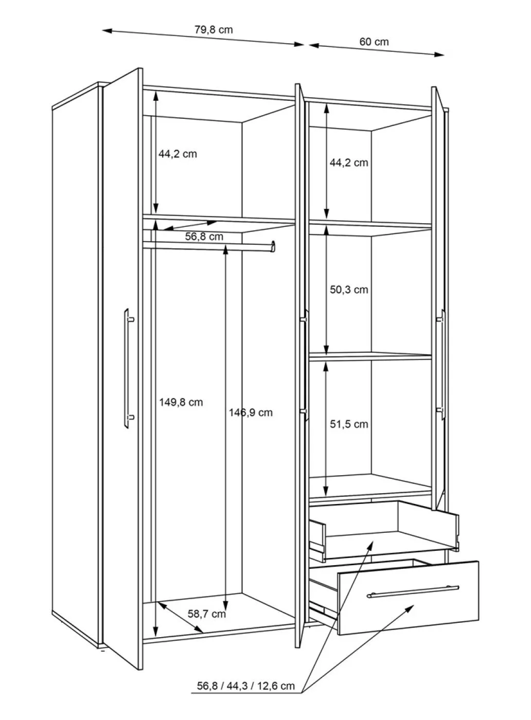 Kleiderschrank Drehtürenschrank Mokko | mit Schubkästen | Sonoma Eiche / weiß | 144,4 x 200 x 59 cm