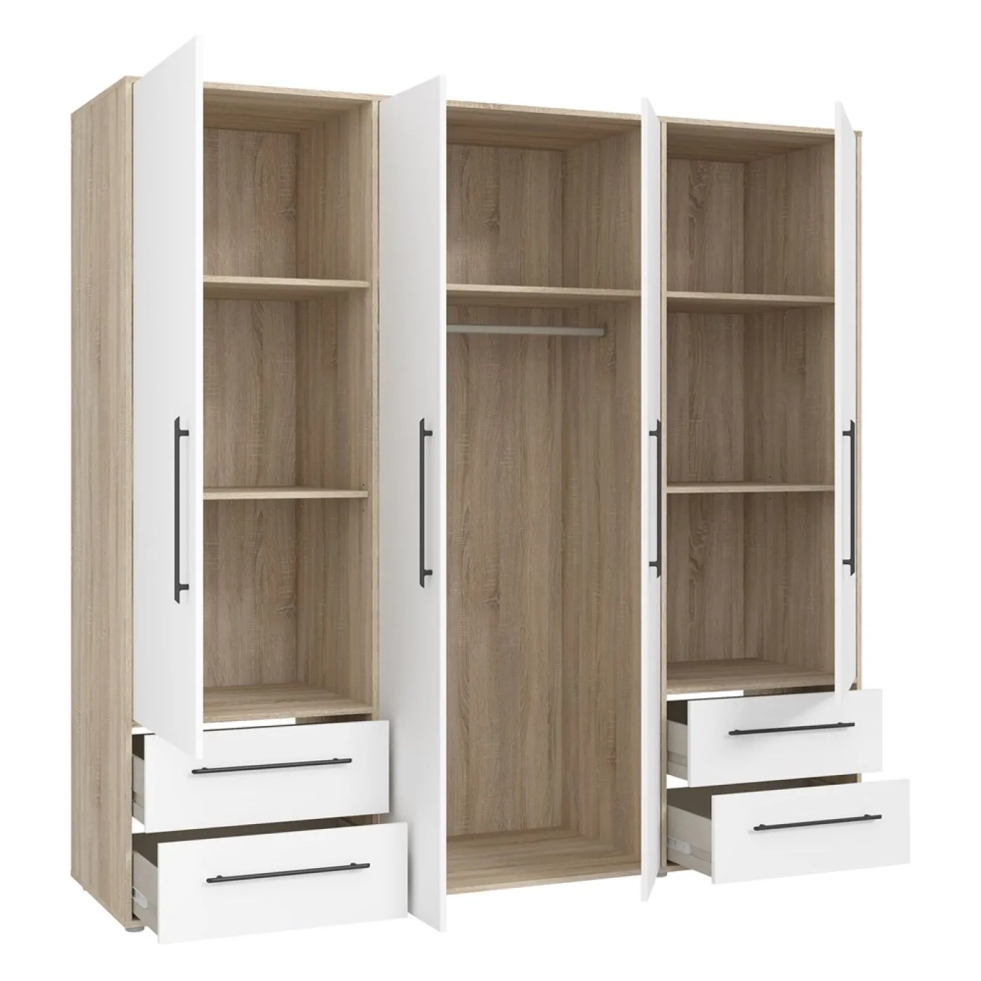 Kleiderschrank Drehtürenschrank Mokko | mit Schubkästen | Sonoma Eiche / weiß | 206 x 200 x 59 cm