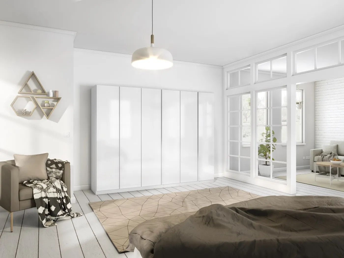 Kleiderschrank Drehtürenschrank Monostar | 6-türig | mit Glastüren | Alpinweiß | 271x210 | mit Schubkasteneinsatz & Wäscheeinteilung