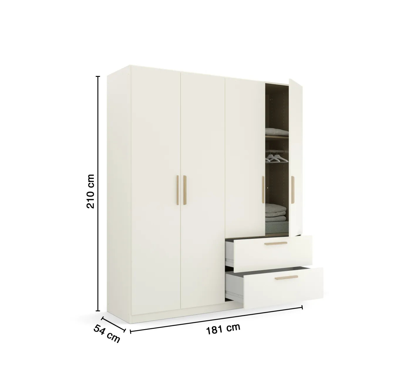 Kleiderschrank Drehtürenschrank Quadra-Spin | 4-türig | mit Schubkästen | alpinweiß | 181x210 | Griff Skandi