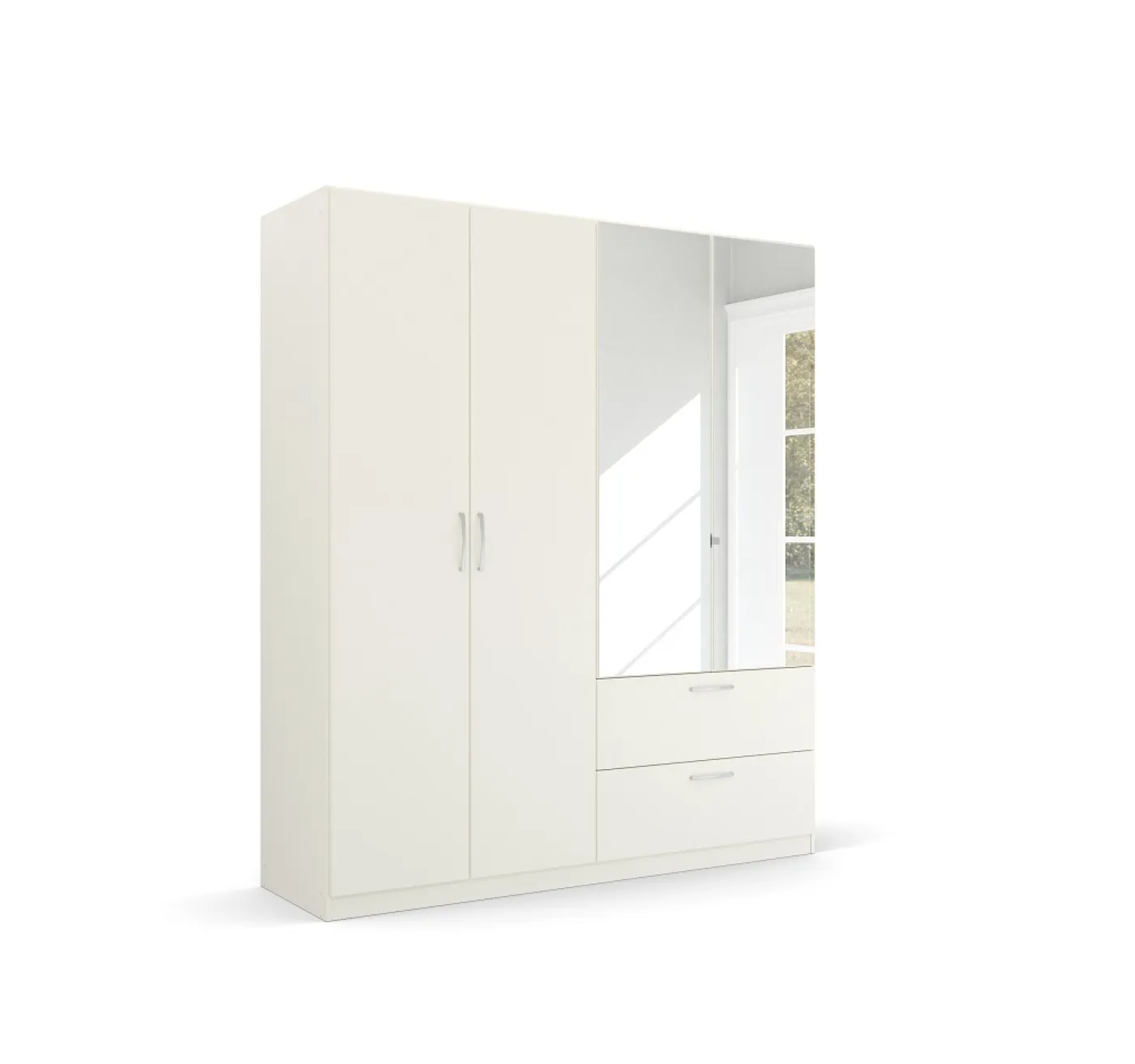 Kleiderschrank Drehtürenschrank Quadra-Spin | 4-türig | mit Spiegeltüren & Schubkästen | alpinweiß | 181x210 | Griff Pure