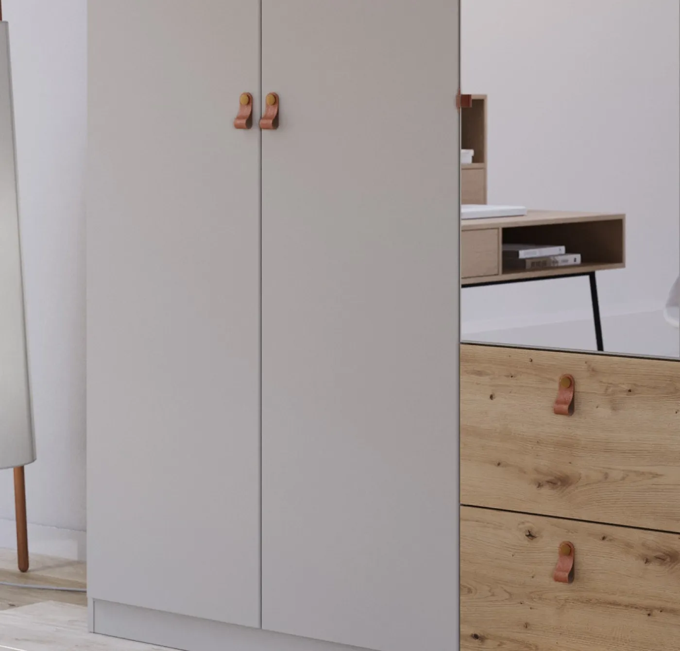 Kleiderschrank Drehtürenschrank Quadra-Spin | 4-türig | mit Spiegeltüren & Schubkästen | seidengrau / Eiche Artisan | 181x210 | Griff Homey