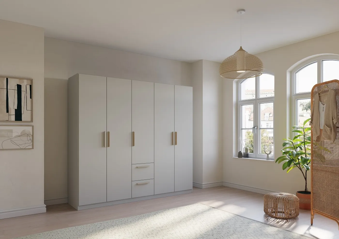 Kleiderschrank Drehtürenschrank Quadra-Spin | 5-türig | mit Schubkästen | seidengrau | 226x210 | Griff Pure