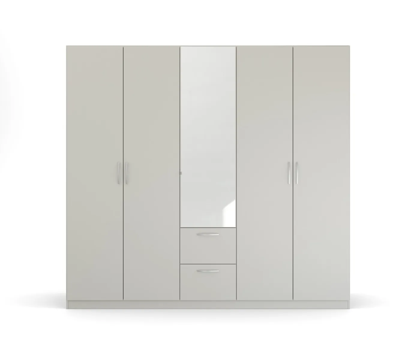 Kleiderschrank Drehtürenschrank Quadra-Spin | 5-türig | mit Spiegeltüren & Schubkästen | seidengrau | 226x210 | Griff Pure