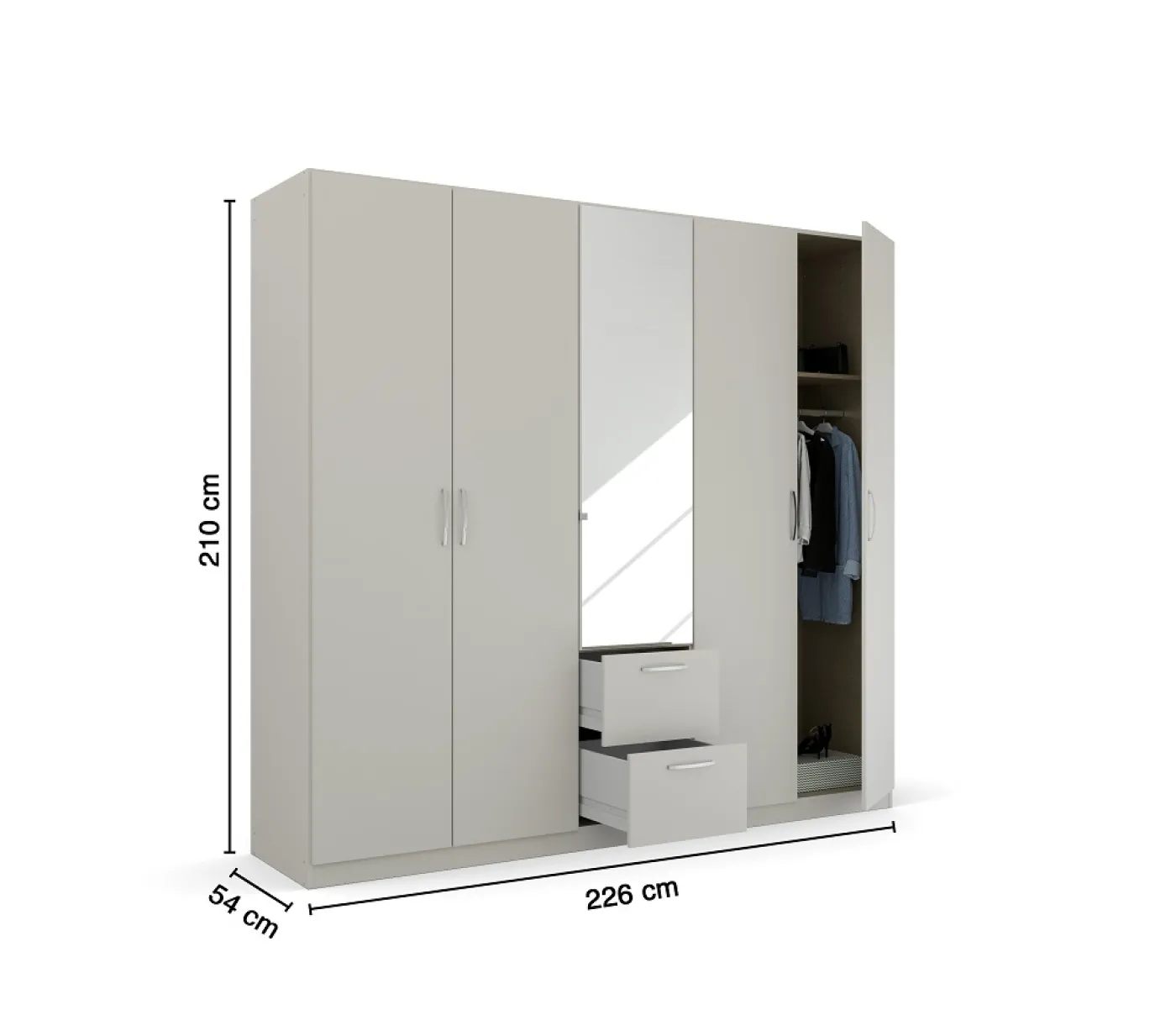 Kleiderschrank Drehtürenschrank Quadra-Spin | 5-türig | mit Spiegeltüren & Schubkästen | seidengrau | 226x210 | Griff Pure