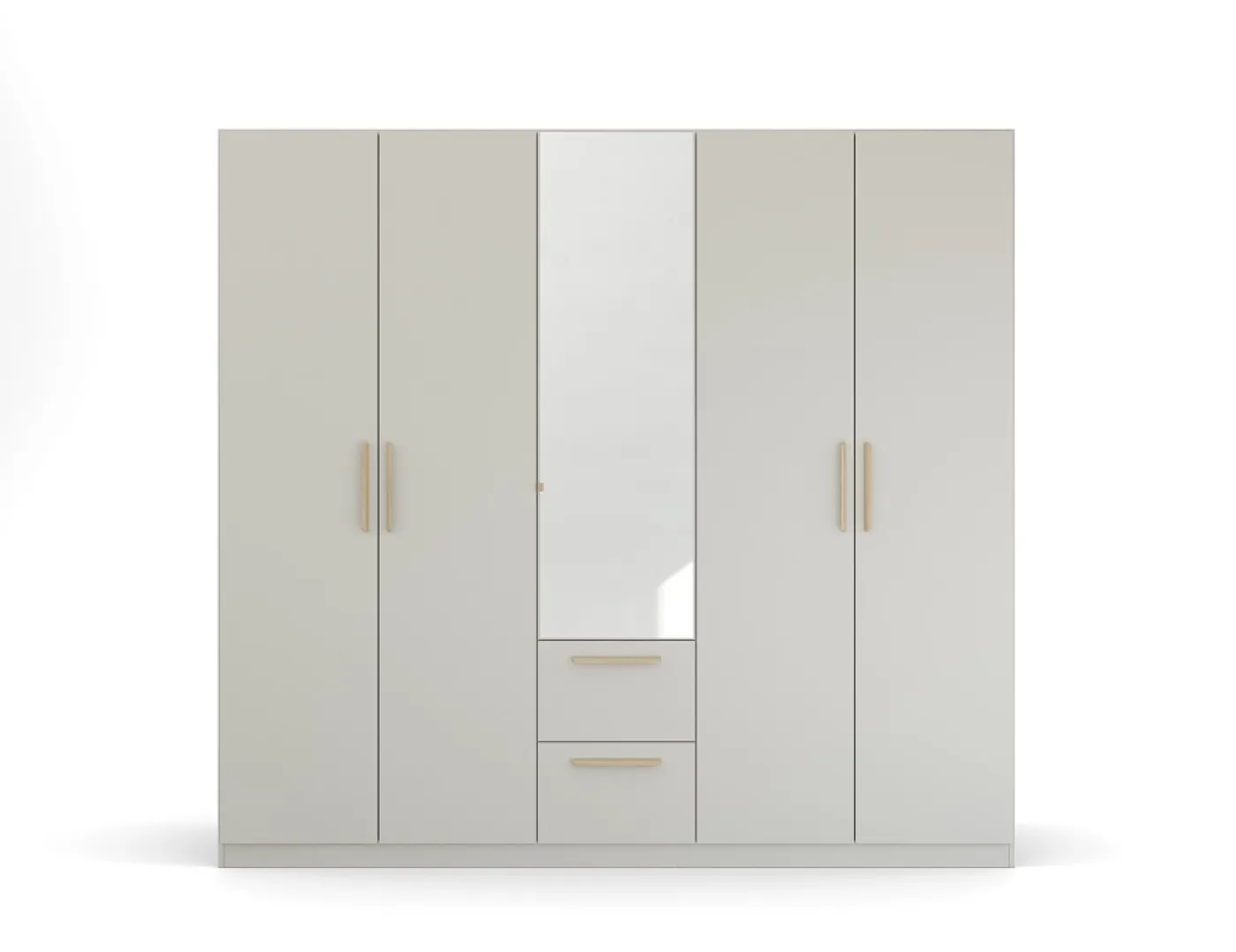 Kleiderschrank Drehtürenschrank Quadra-Spin | 5-türig | mit Spiegeltüren & Schubkästen | seidengrau | 226x210 | Griff Skandi