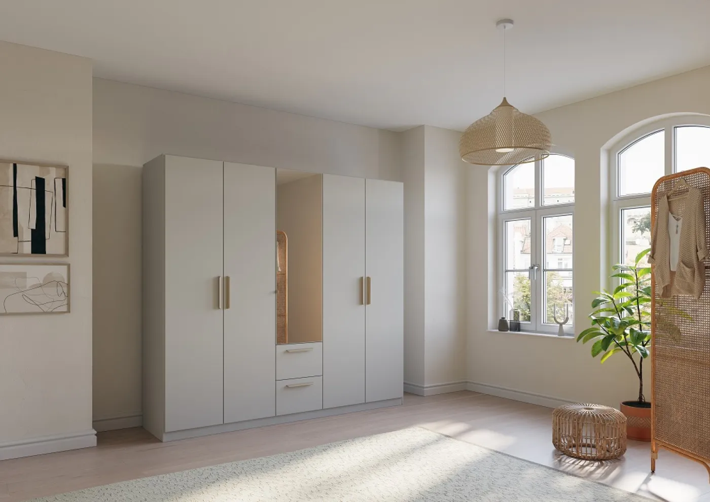 Kleiderschrank Drehtürenschrank Quadra-Spin | 5-türig | mit Spiegeltüren & Schubkästen | seidengrau | 226x210 | Griff Skandi