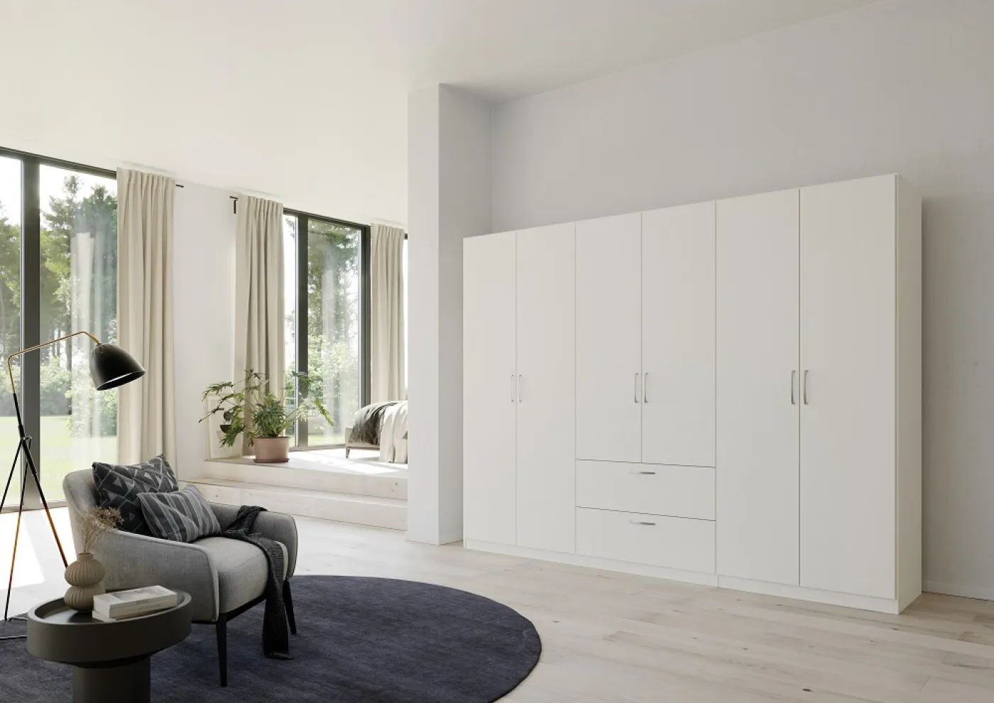 Kleiderschrank Drehtürenschrank Quadra-Spin | 6-türig | mit Schubkästen | alpinweiß | 271x210 | Griff Pure