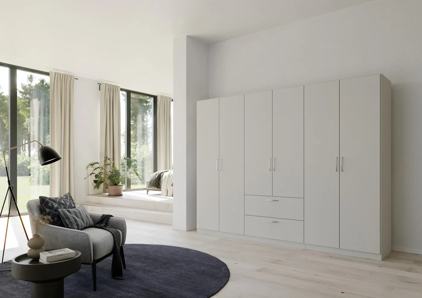 Kleiderschrank Drehtürenschrank Quadra-Spin | 6-türig | mit Schubkästen | seidengrau | 271x210 | Griff Pure