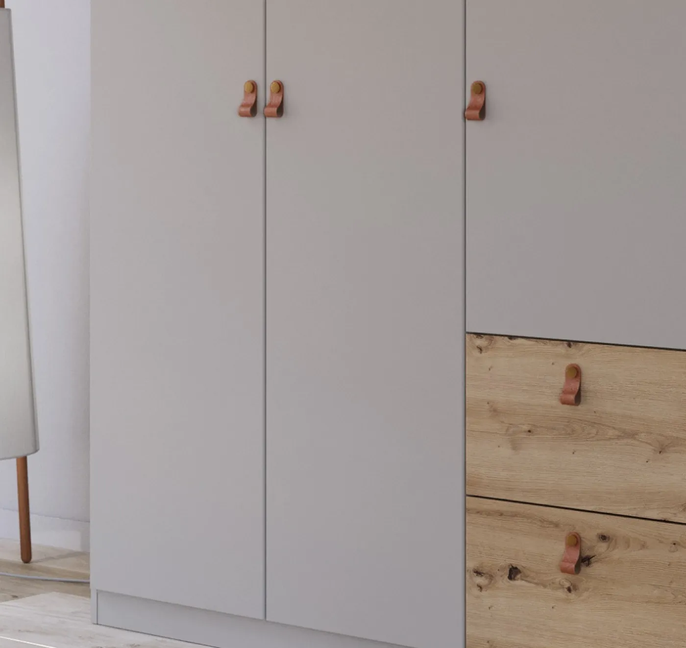 Kleiderschrank Drehtürenschrank Quadra-Spin | 6-türig | mit Schubkästen | seidengrau / Eiche Artisan | 271x210 | Griff Homey