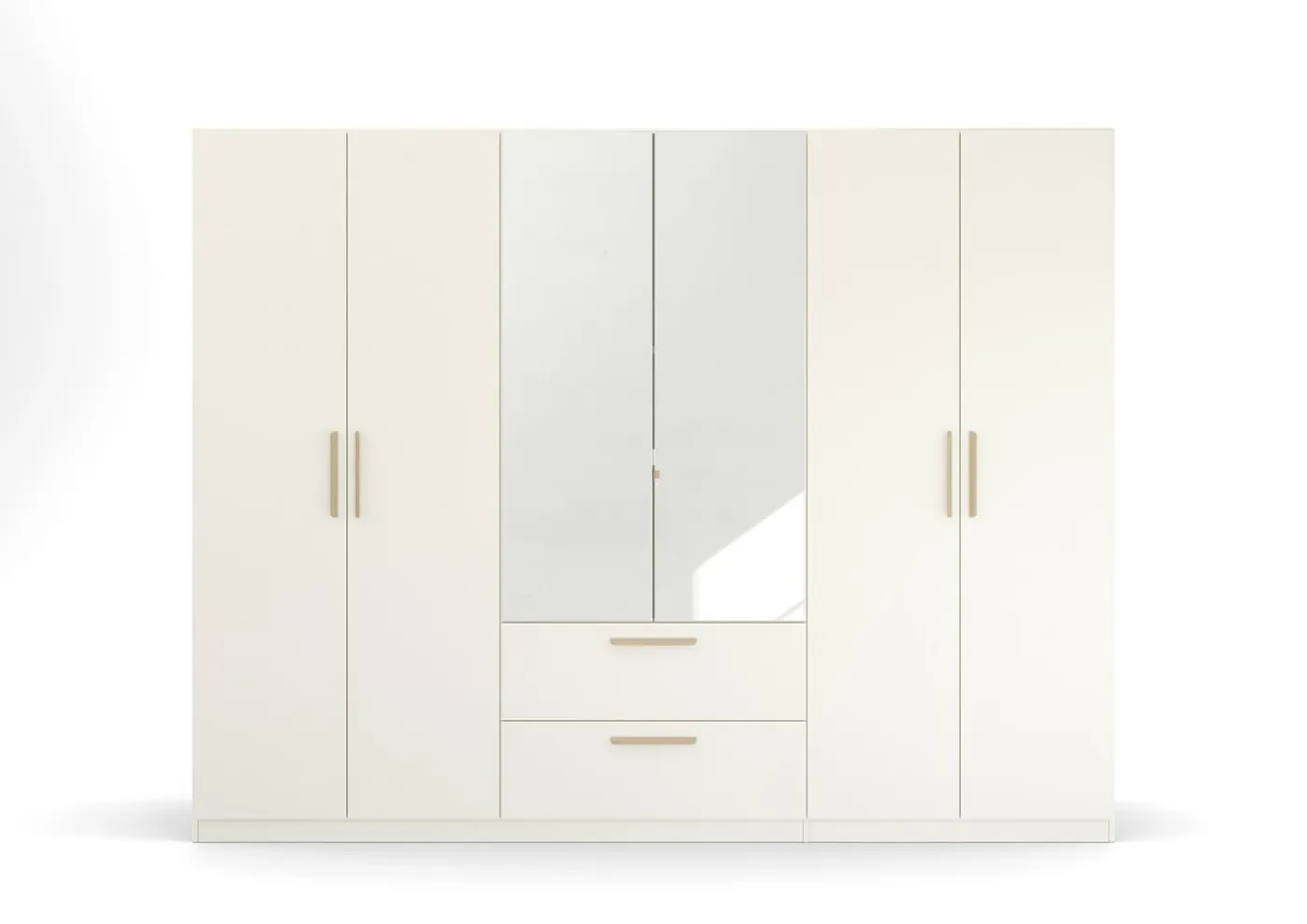 Kleiderschrank Drehtürenschrank Quadra-Spin | 6-türig | mit Spiegeltüren & Schubkästen | alpinweiß | 271x210 | Griff Skandi