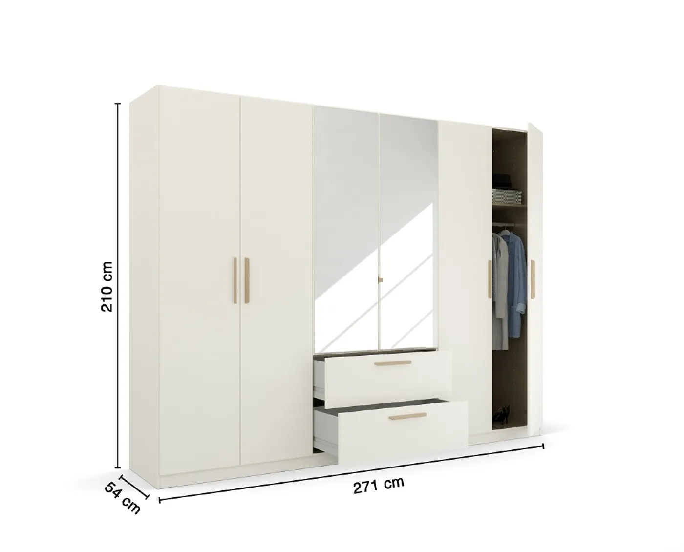 Kleiderschrank Drehtürenschrank Quadra-Spin | 6-türig | mit Spiegeltüren & Schubkästen | alpinweiß | 271x210 | Griff Skandi