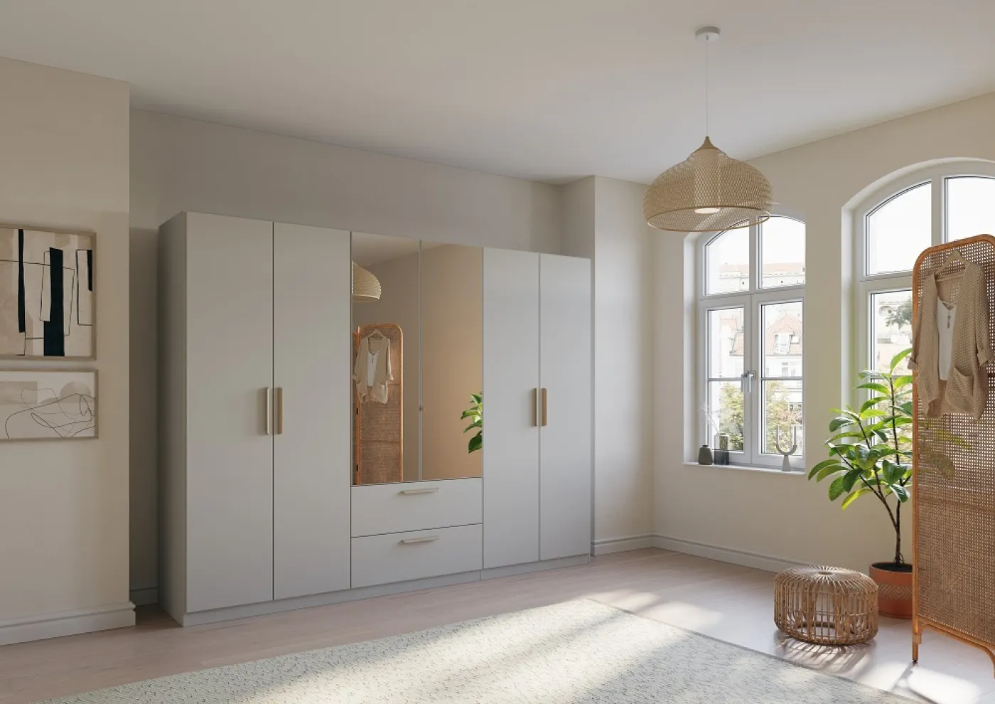 Kleiderschrank Drehtürenschrank Quadra-Spin | 6-türig | mit Spiegeltüren & Schubkästen | seidengrau | 271x210 | Griff Skandi