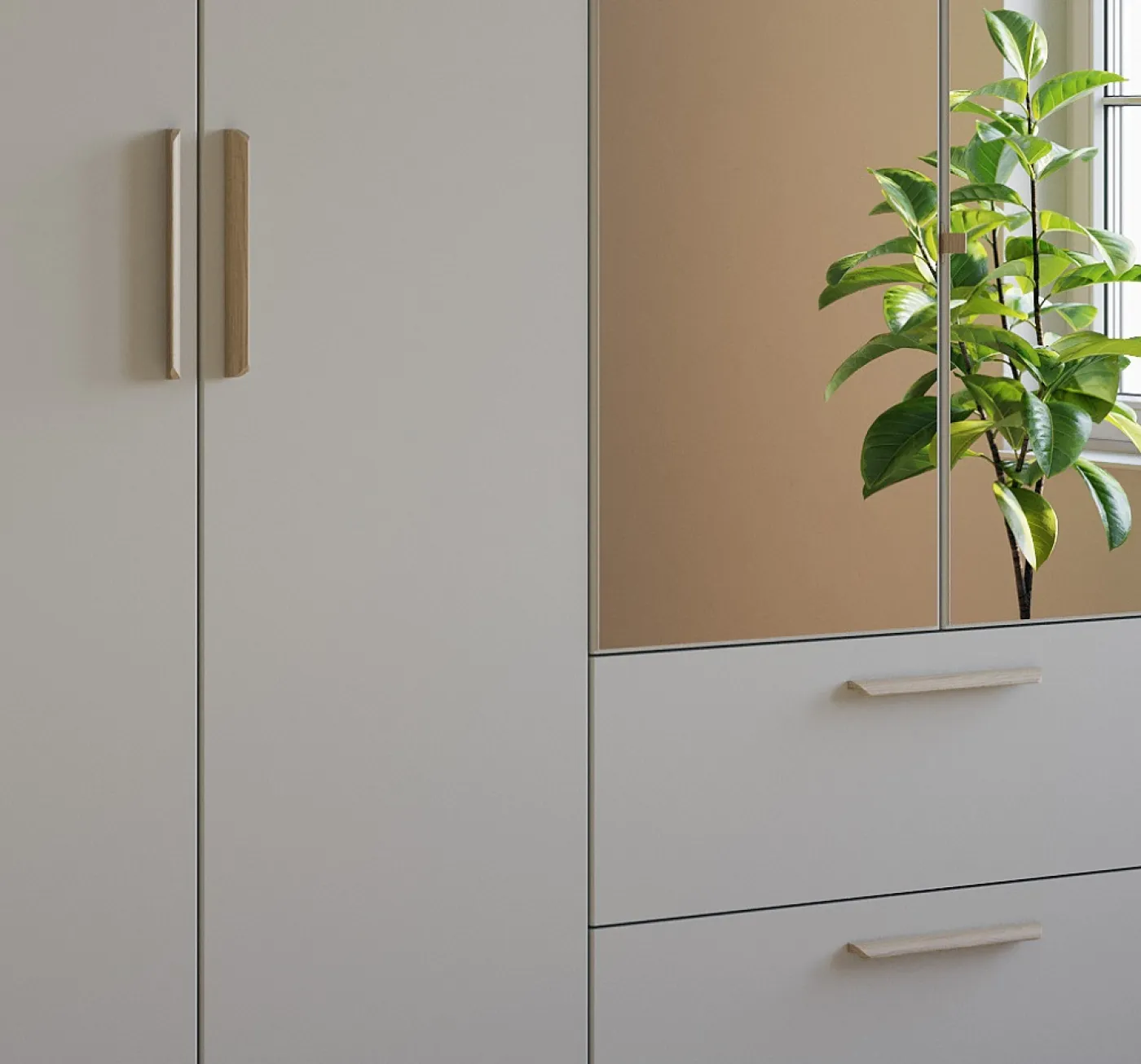 Kleiderschrank Drehtürenschrank Quadra-Spin | 6-türig | mit Spiegeltüren & Schubkästen | seidengrau | 271x210 | Griff Skandi