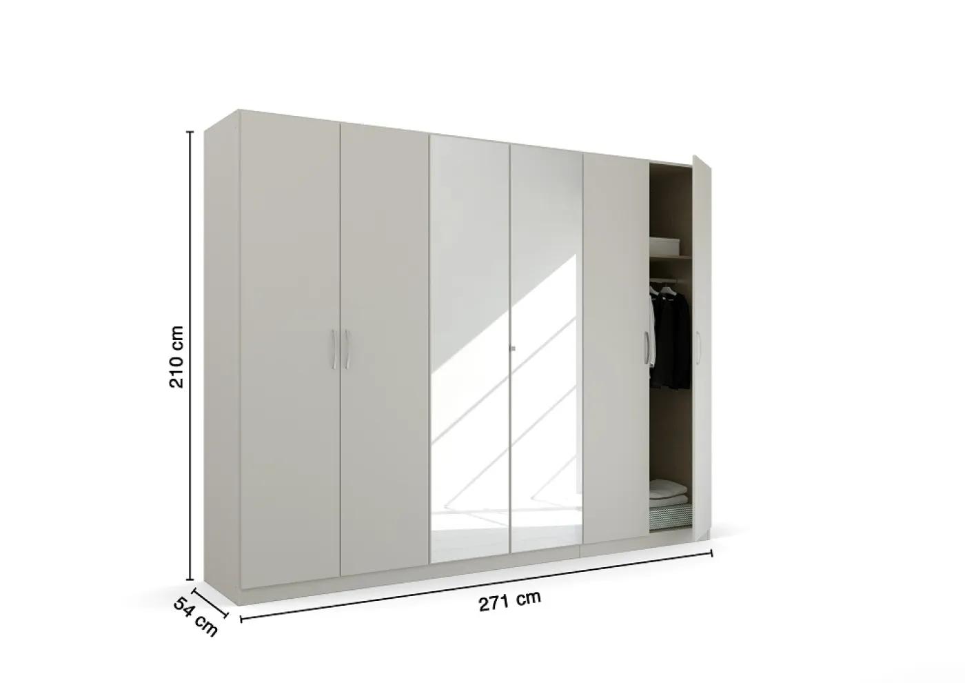 Kleiderschrank Drehtürenschrank Quadra-Spin | 6-türig | mit Spiegeltüren | seidengrau | 271x210 | Griff Pure