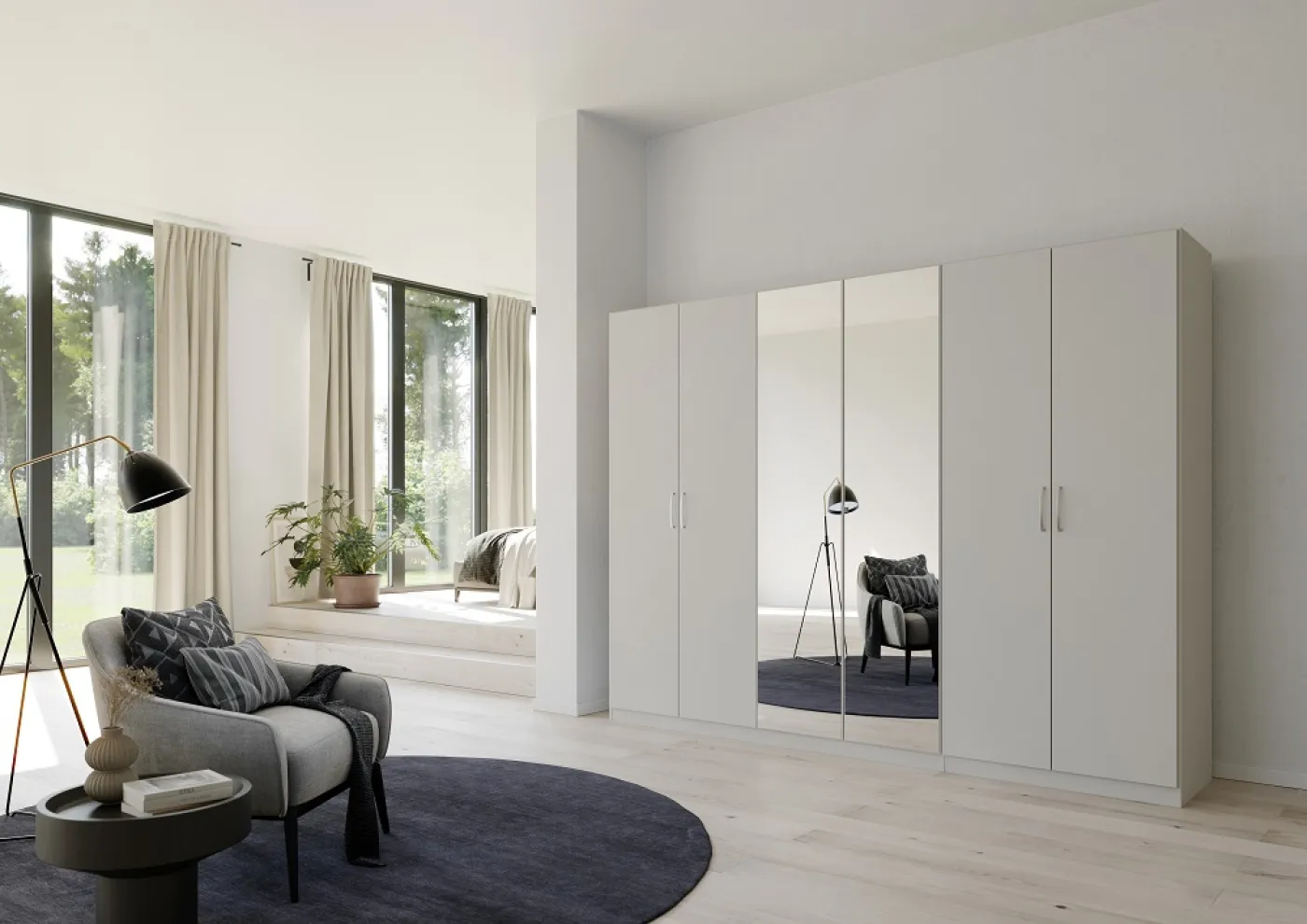Kleiderschrank Drehtürenschrank Quadra-Spin | 6-türig | mit Spiegeltüren | seidengrau | 271x210 | Griff Pure