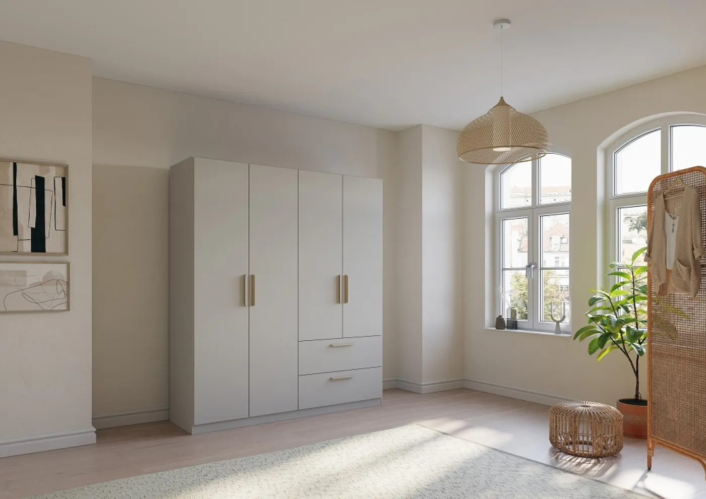 Kleiderschrank Drehtürenschrank Skandi | 4-türig | mit Schubkästen | seidengrau | 181x210