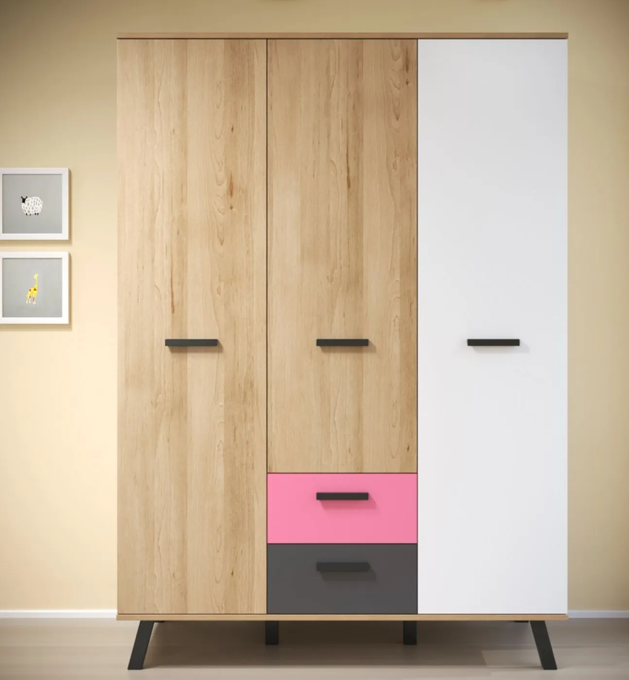 Kleiderschrank Mats Color | 3-türig | Bianco Buche / blau oder rosa