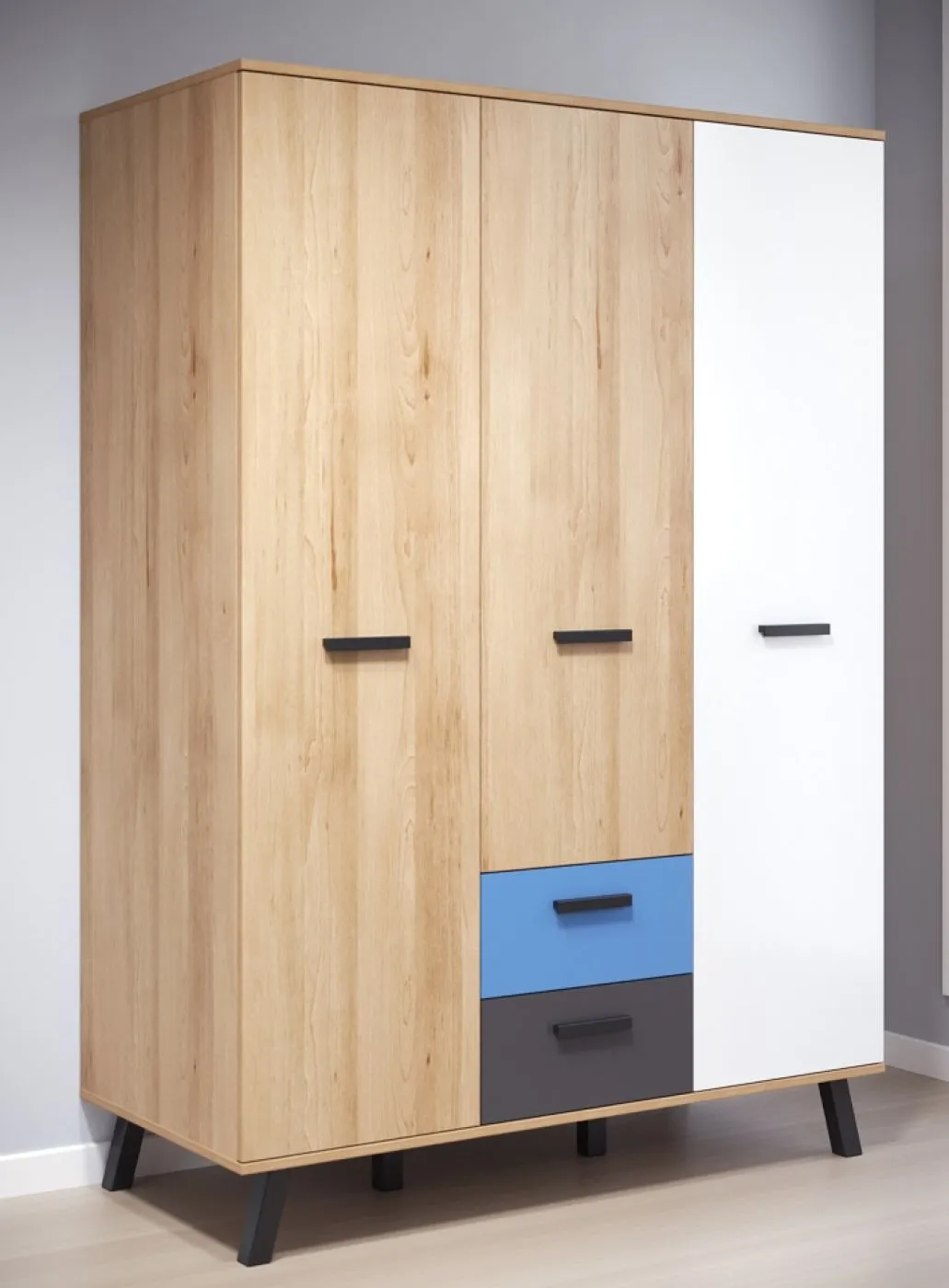 Kleiderschrank Mats Color | 3-türig | Bianco Buche / blau oder rosa