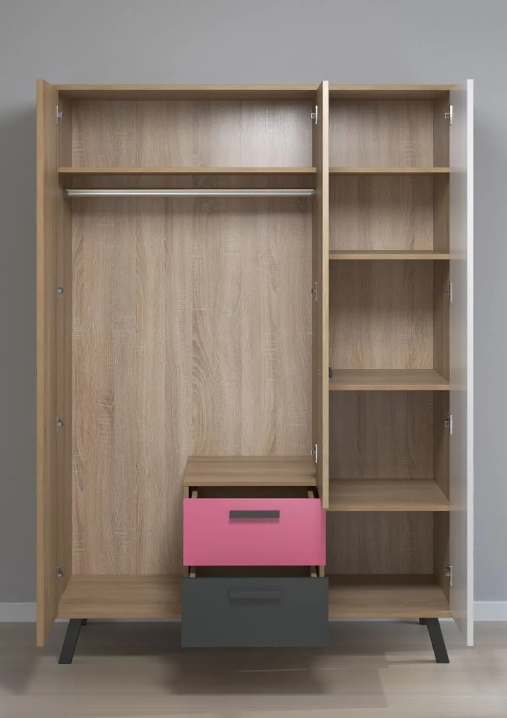 Kleiderschrank Mats Color | 3-türig | Bianco Buche / blau oder rosa
