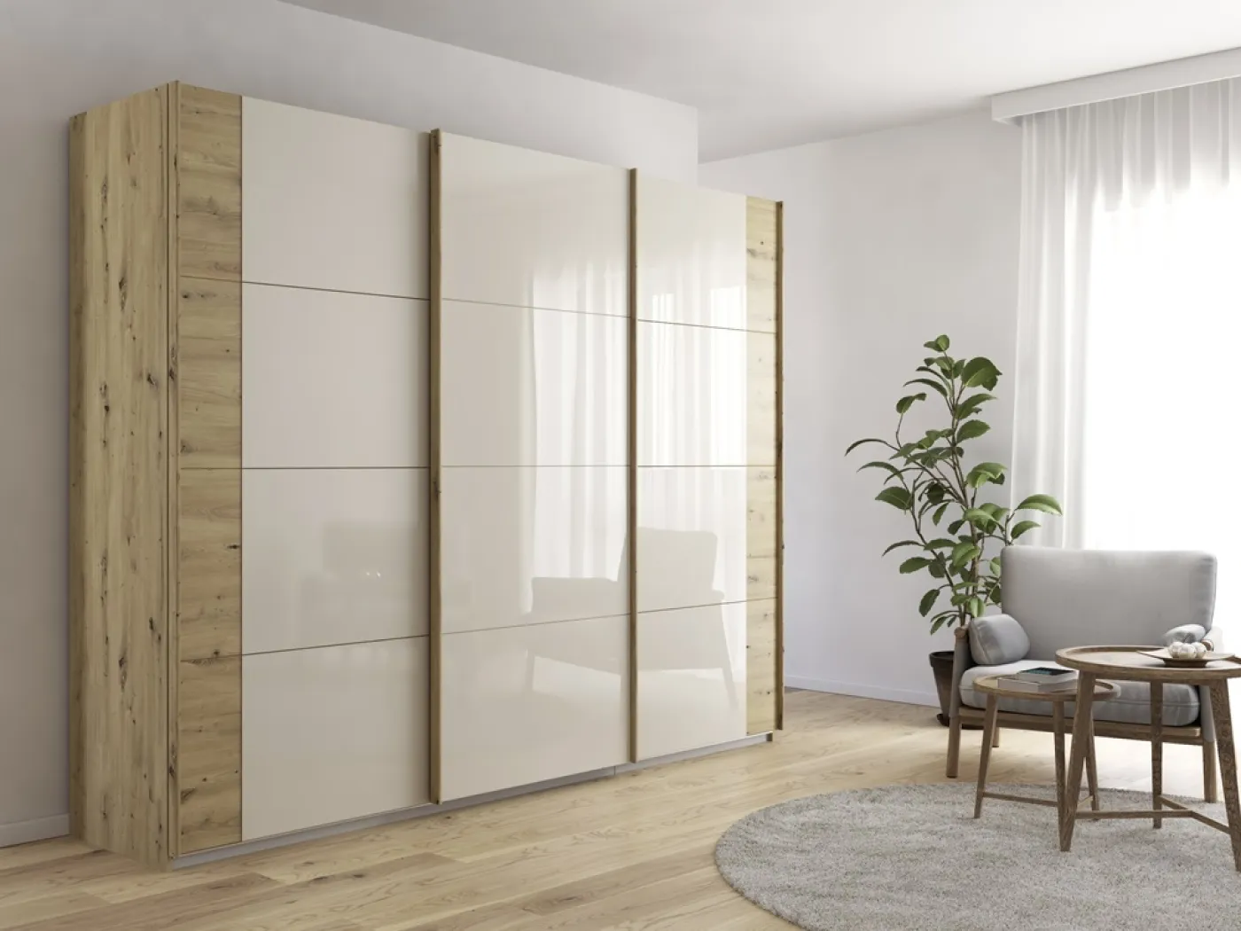 Kleiderschrank Schwebetürenschrank Artemis | mit Glastüren | Eiche Artisan / champagner | verschiedene Größen