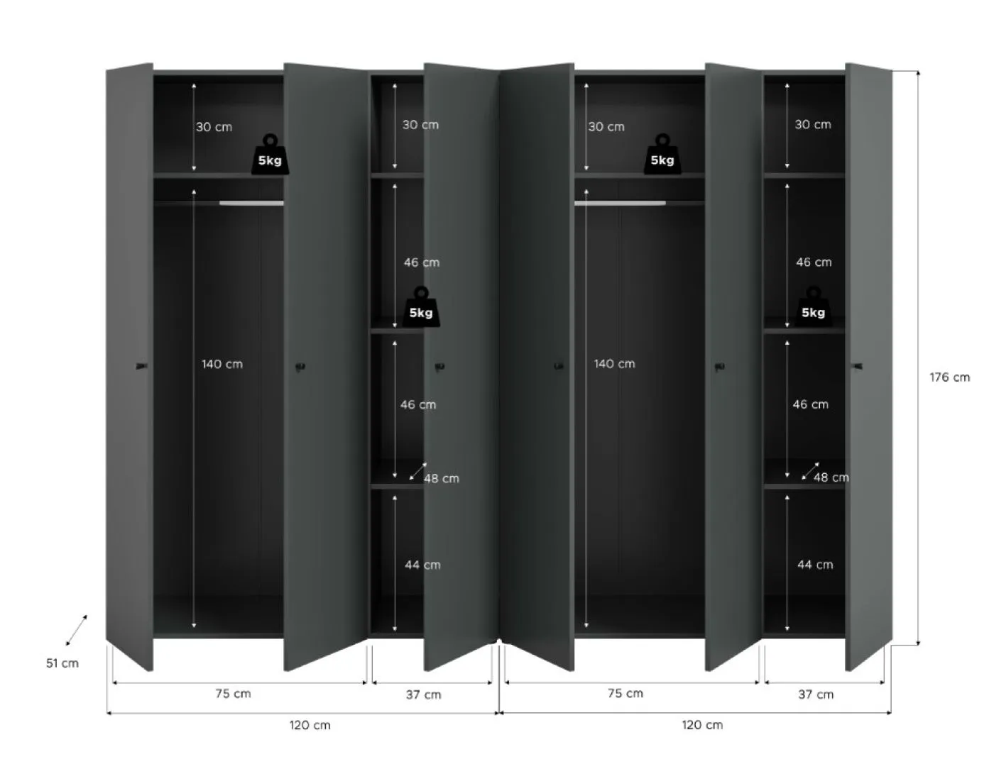 Kleiderschrank Set Darwin | 2-teilig | mit 3 Türen | anthrazit