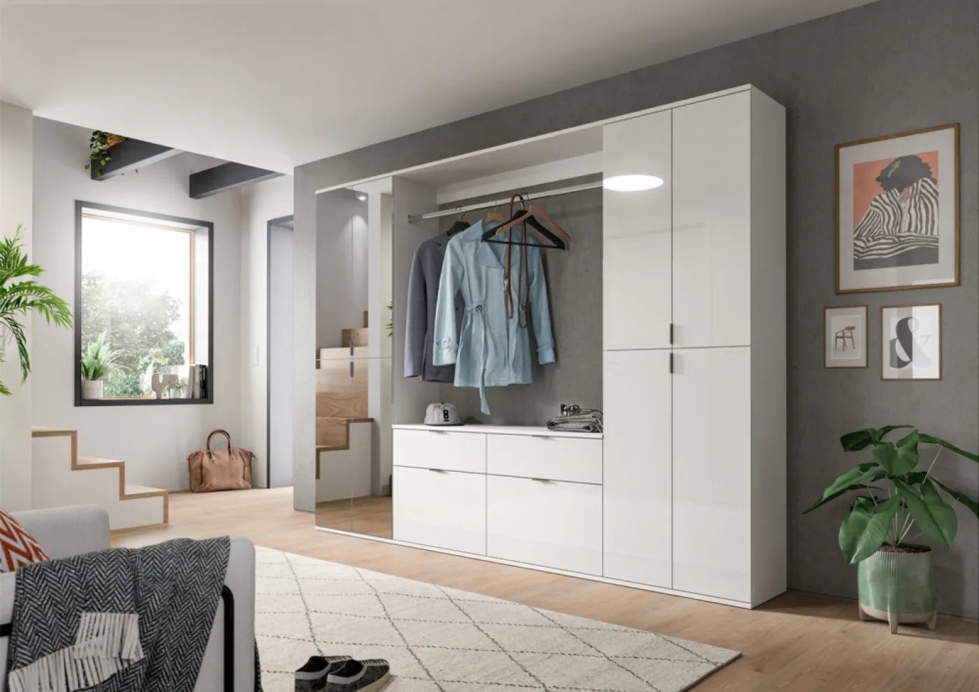 Kommode mit Garderobenstange Projekt X breit | weiß Hochglanz