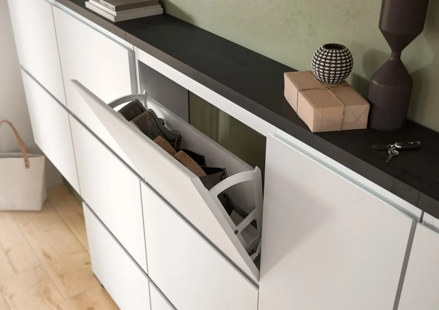 Kommode Schuhschrank Shoelove mit Schubkasten | weiß / Industrial grau ohne Beleuchtung