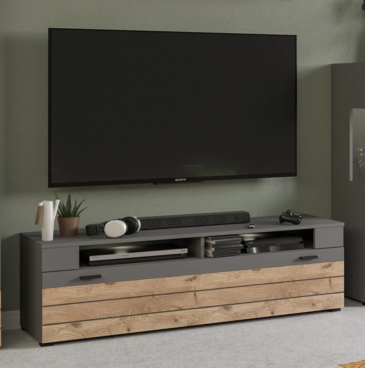 Lowboard TV-Board Freno | grau matt / Nox Oak | mit 2er Set LED Unterbauspot