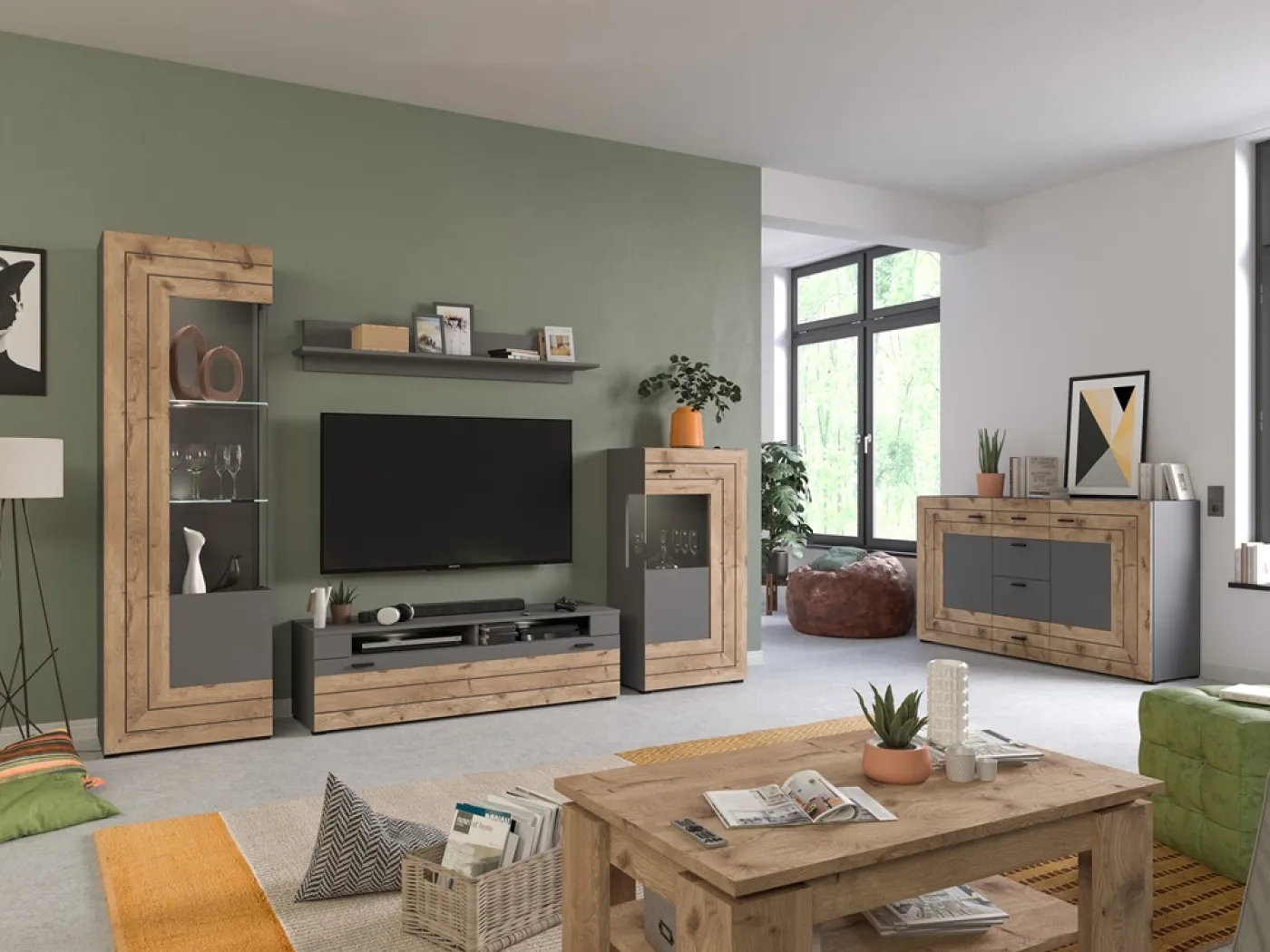 Lowboard TV-Board Freno | grau matt / Nox Oak | mit 2er Set LED Unterbauspot