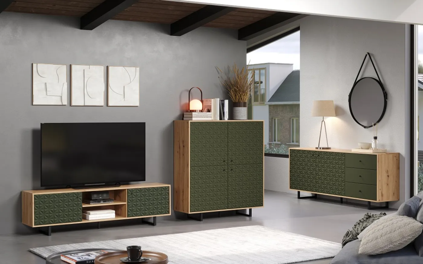 Lowboard TV-Schrank Sentra | Artisan Eiche / Dark Green