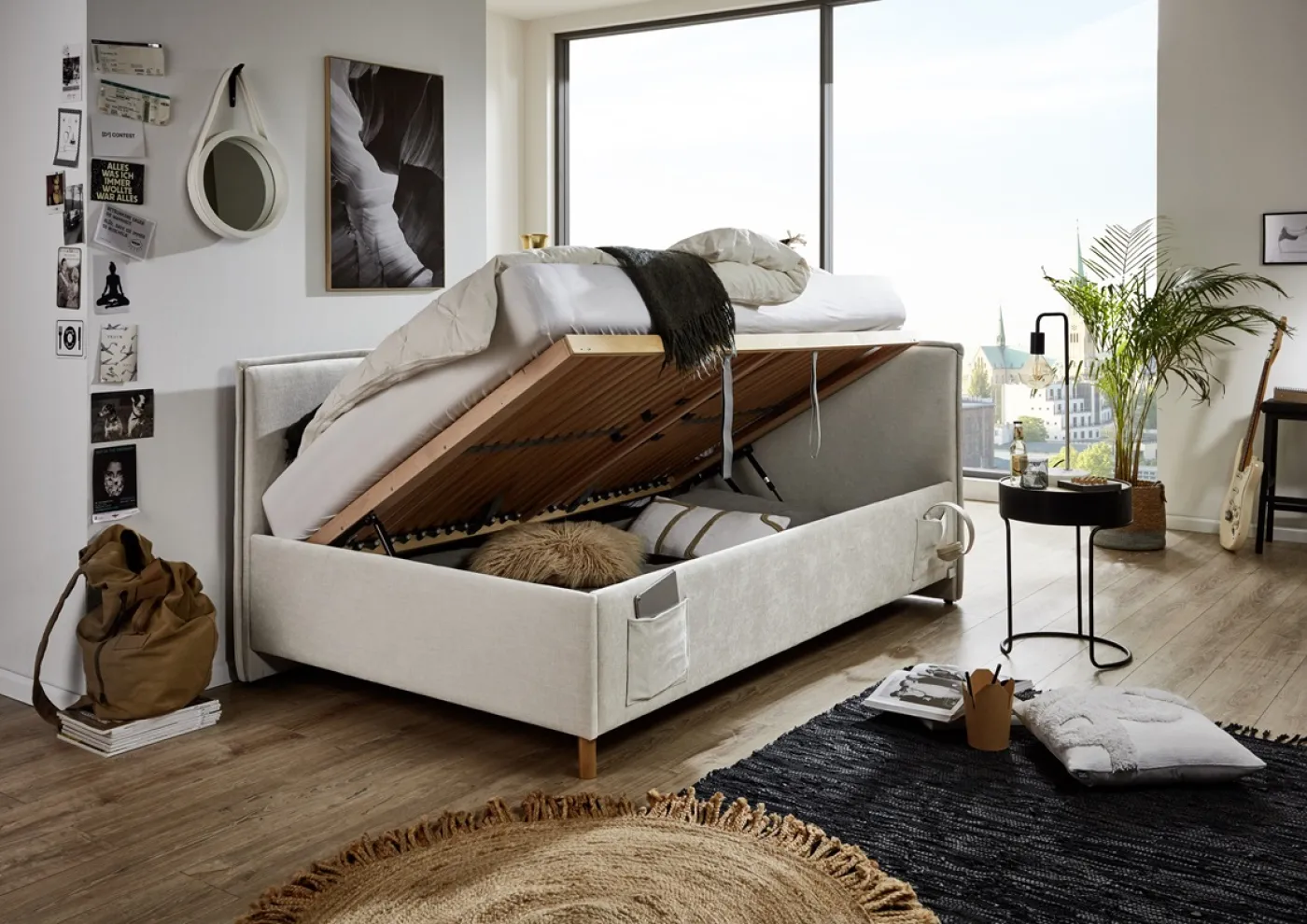 Polsterbett Fun | beige | 90 x 200 cm | mit Rückenteil | mit Bettkasten | ohne Matratze
