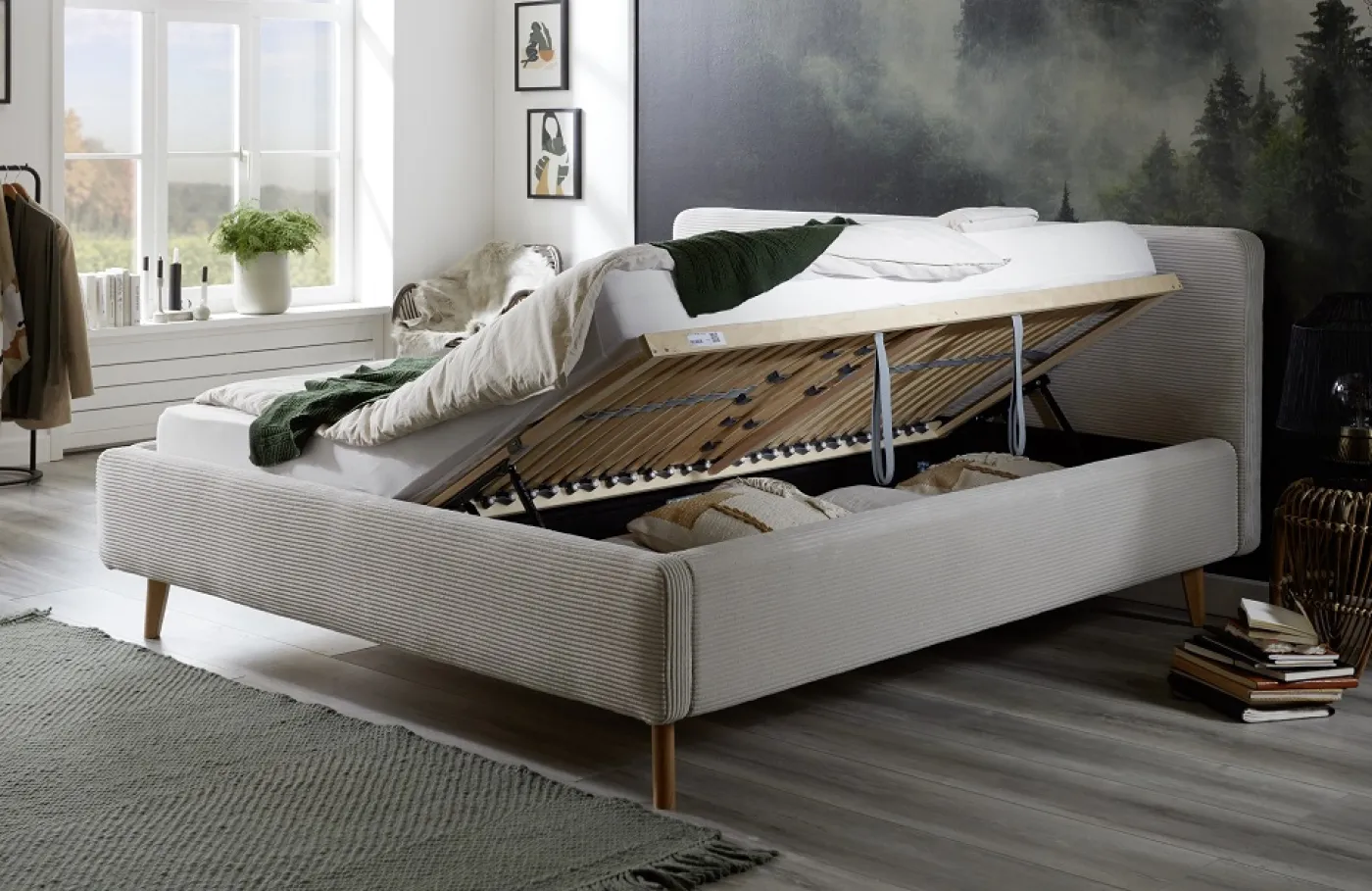 Polsterbett Mattis Cord | beige | 180 x 200 cm | mit Lattenrost & Bettkasten