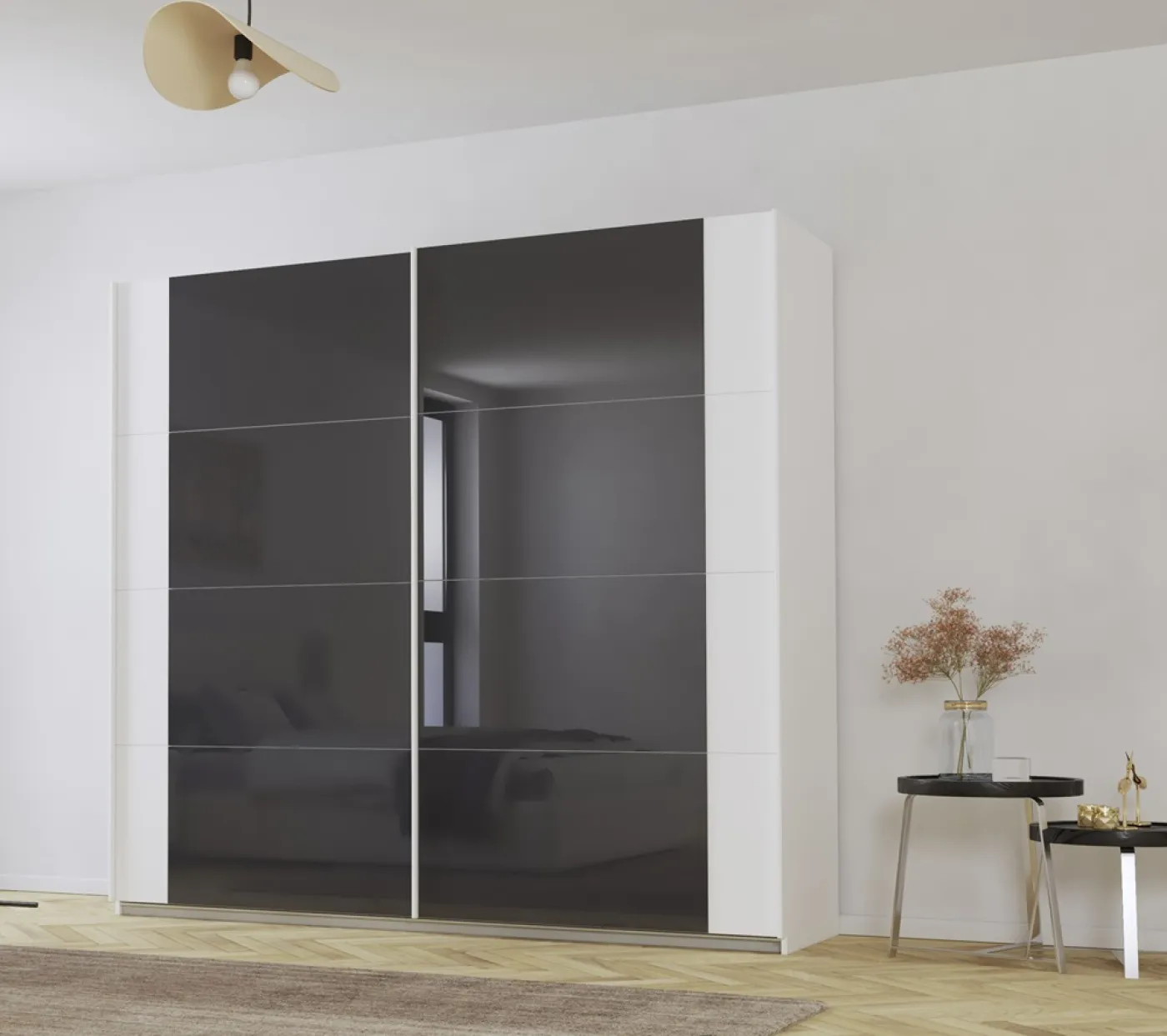 Schwebetürenschrank Artemis | mit Glastüren | alpinweiß / basalt grau | verschiedene Größe