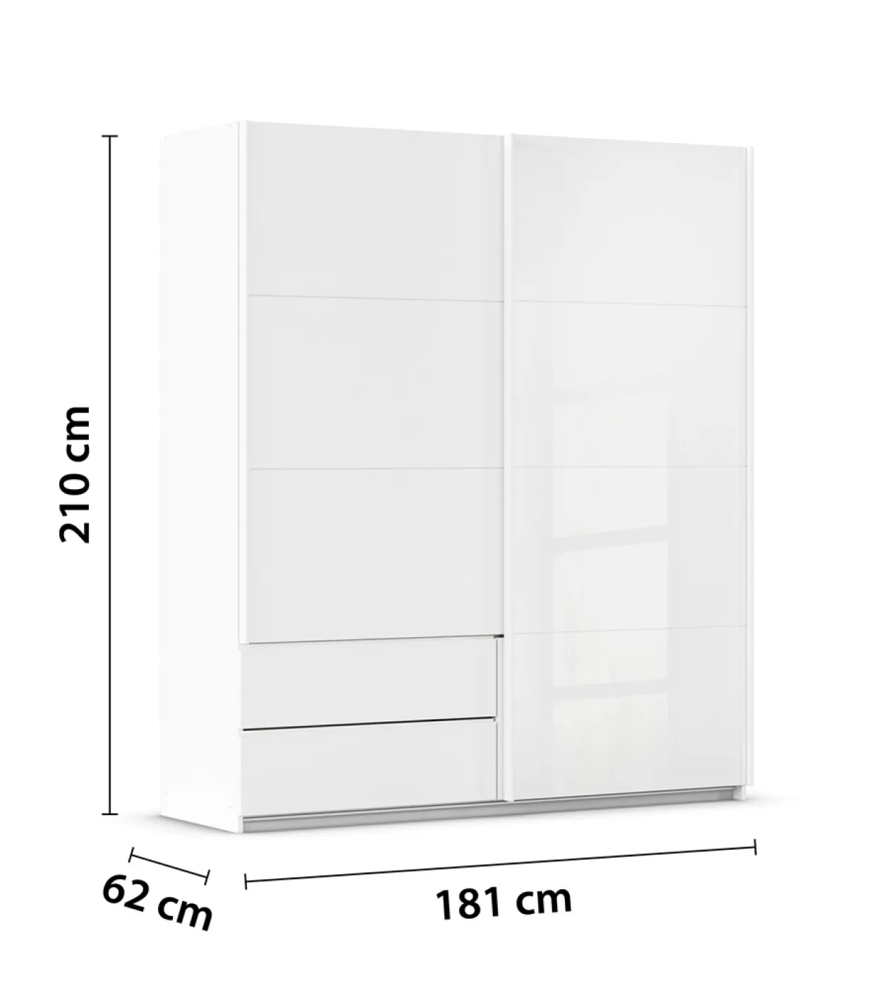 Schwebetürenschrank Elara mit Glas | alpinweiß / weiß | 181 x 210 x 62 cm