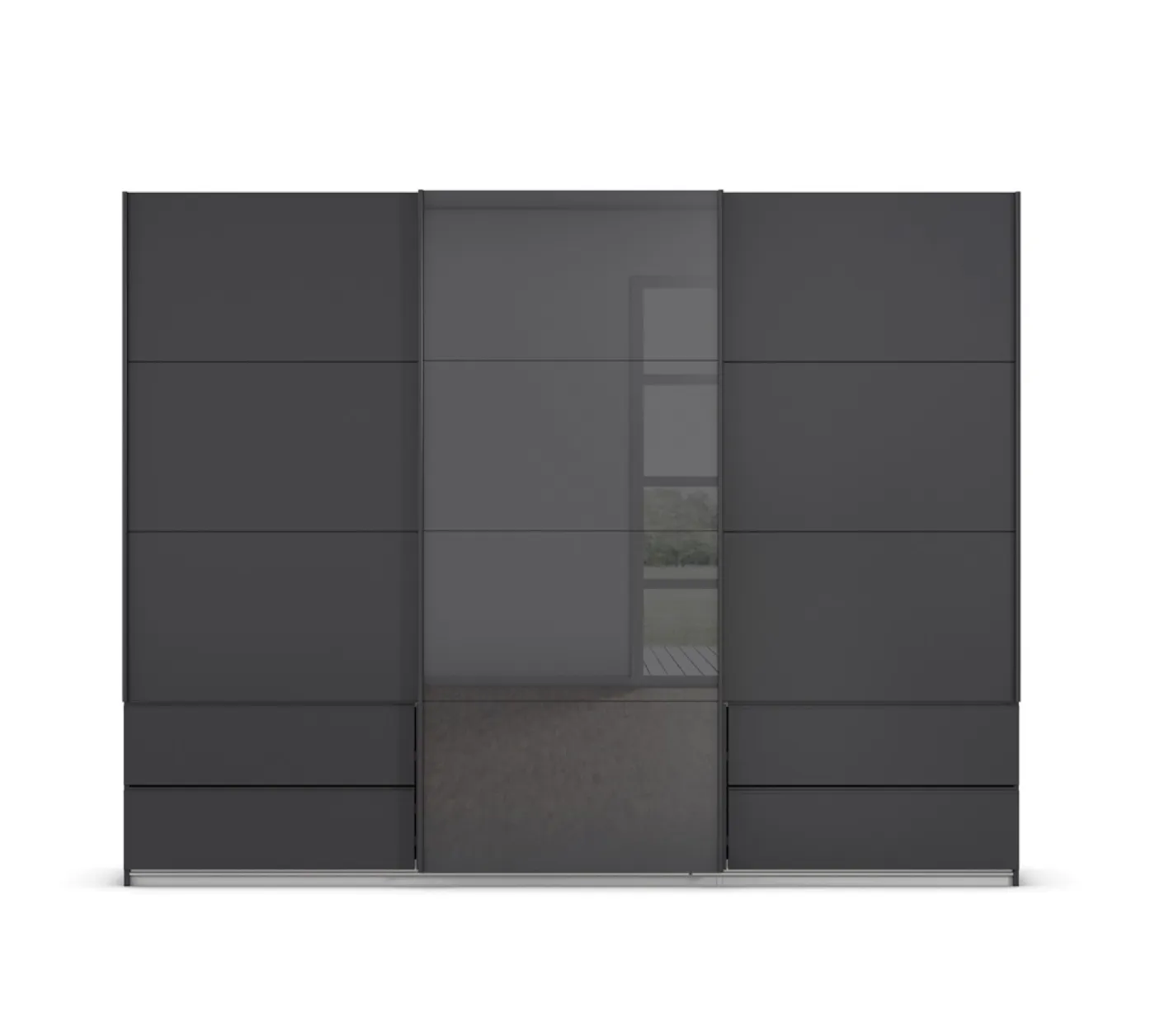 Schwebetürenschrank Elara mit Glas | grau metallic / basalt grau | 271 x 210 x 62 cm