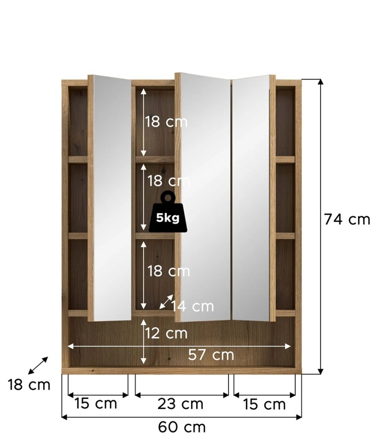Spiegelschrank Aqua | mit offenem Fach | Evoke Oak mit Beleuchtung