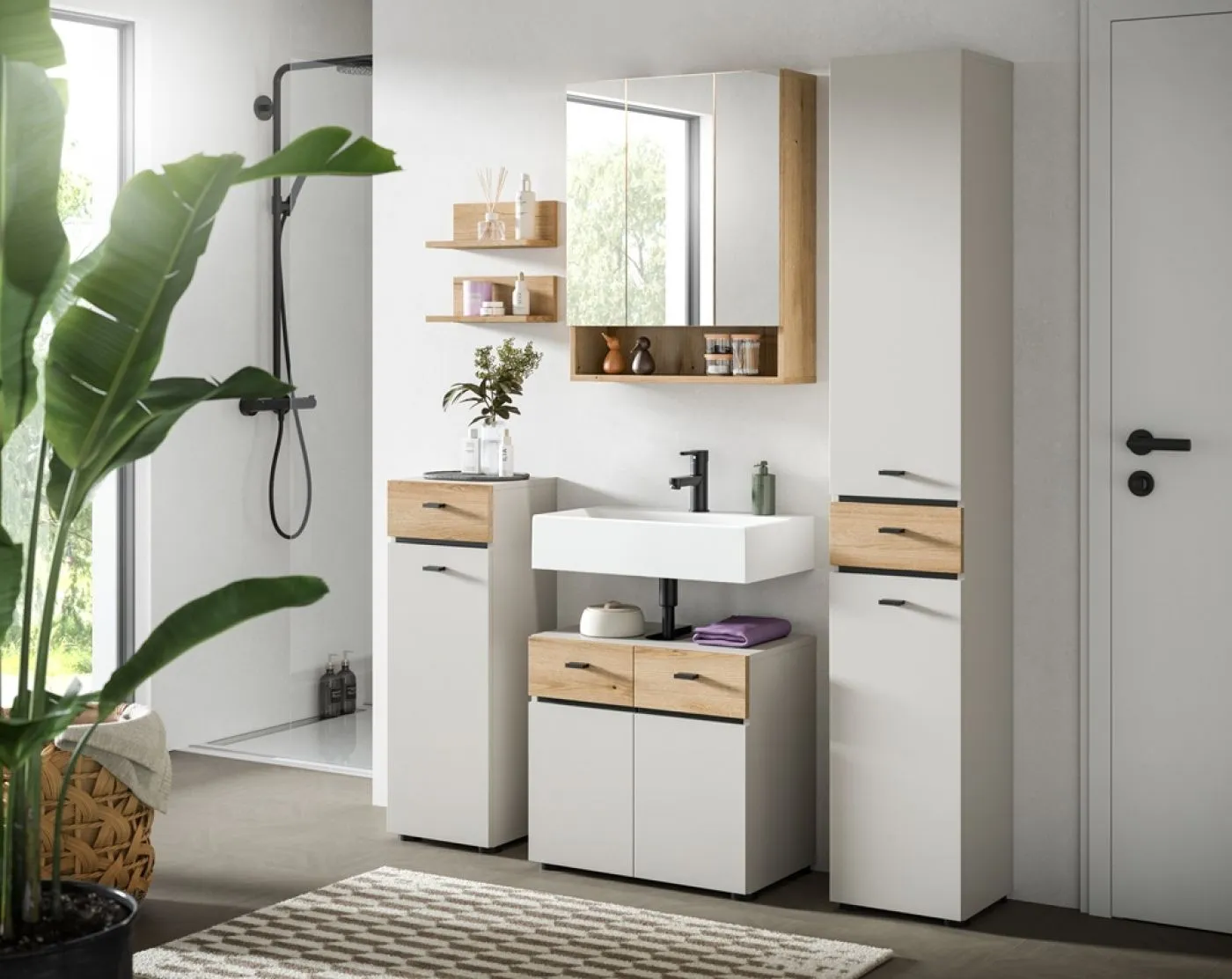 Spiegelschrank Aqua | mit offenem Fach | Evoke Oak mit Beleuchtung