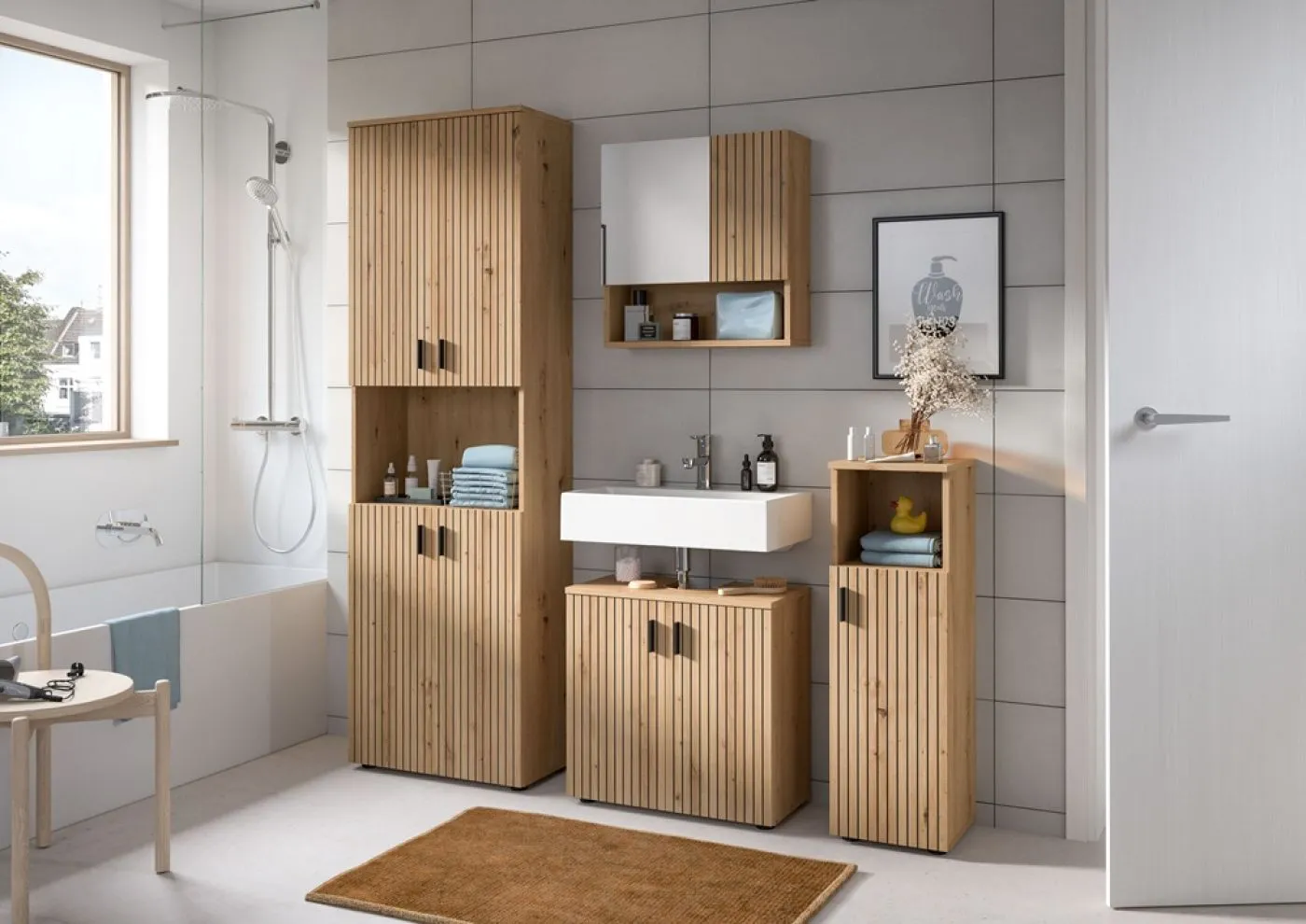 Spiegelschrank Mone | mit offenem Fach | Artisan Oak mit Beleuchtung