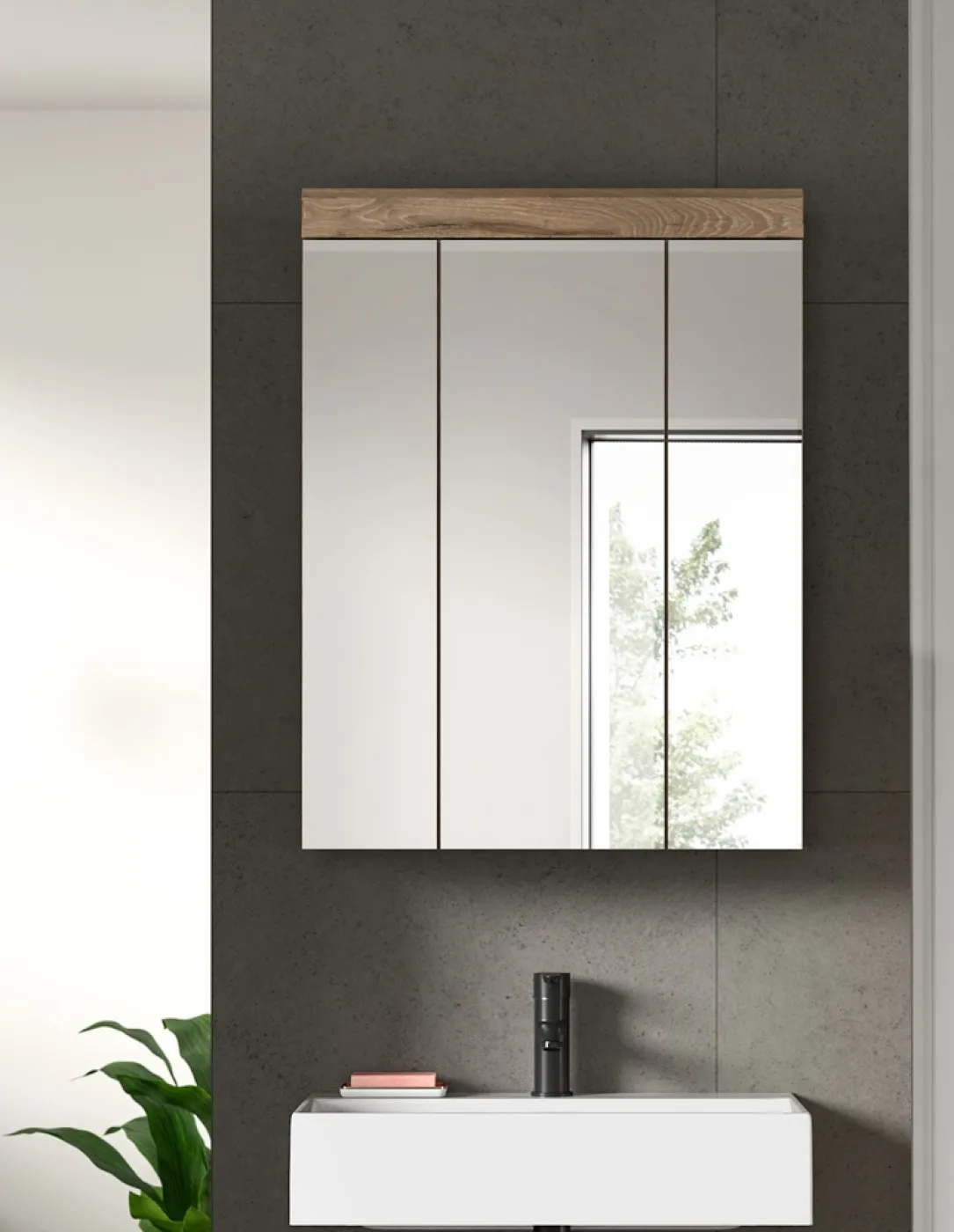 Spiegelschrank Wave | Nox Oak | mit Aufsatzleuchte