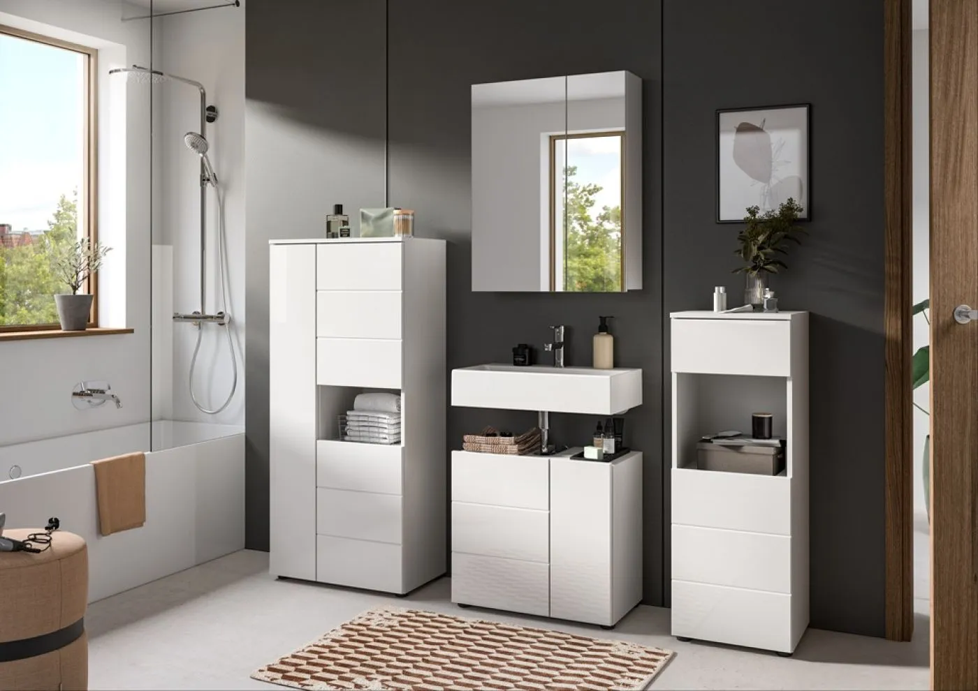 Standschrank breit Vira | weiß / weiß Hochglanz