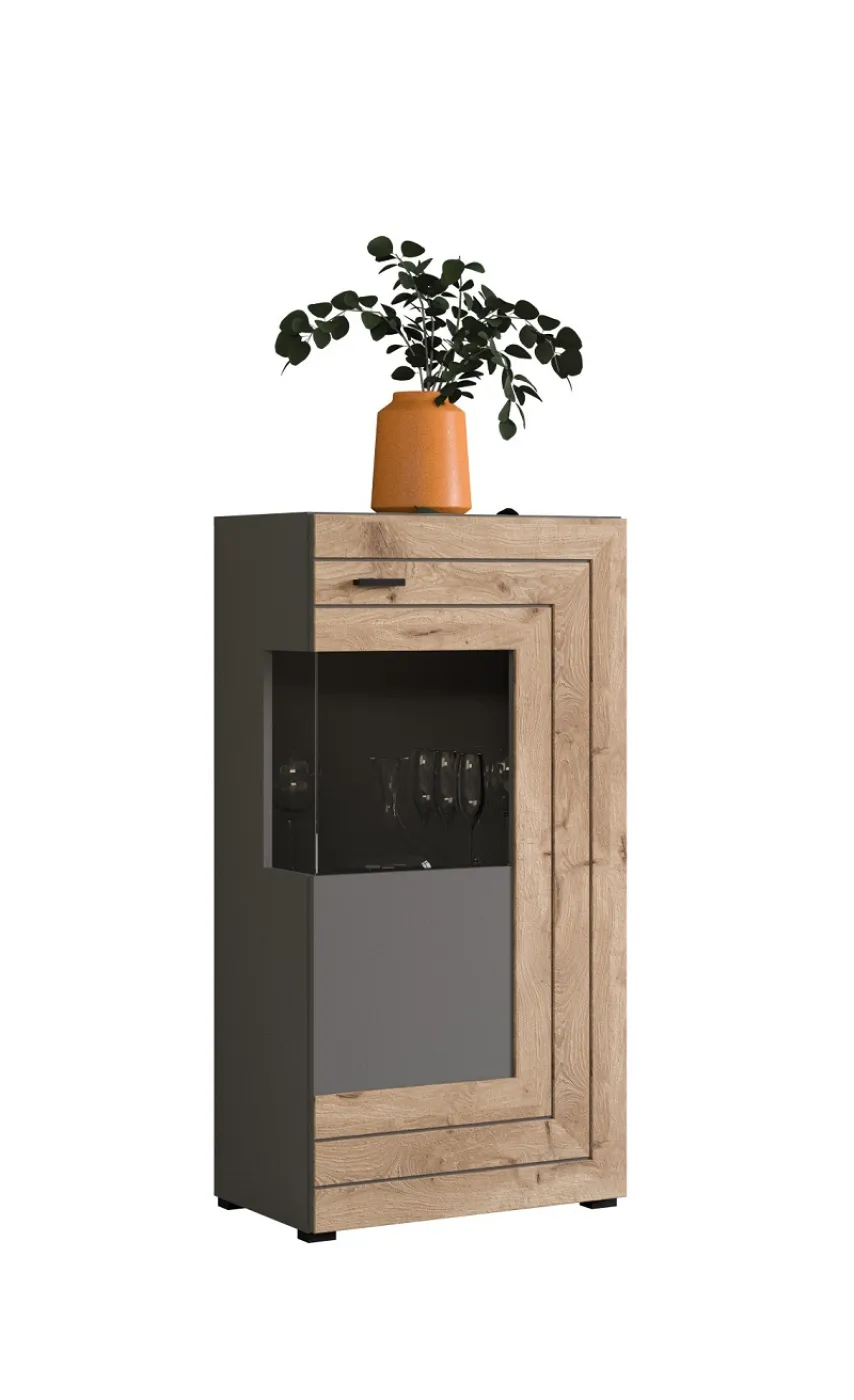 Standschrank Kommode Freno | grau matt / Nox Oak | mit 2er Set LED Unterbauspot