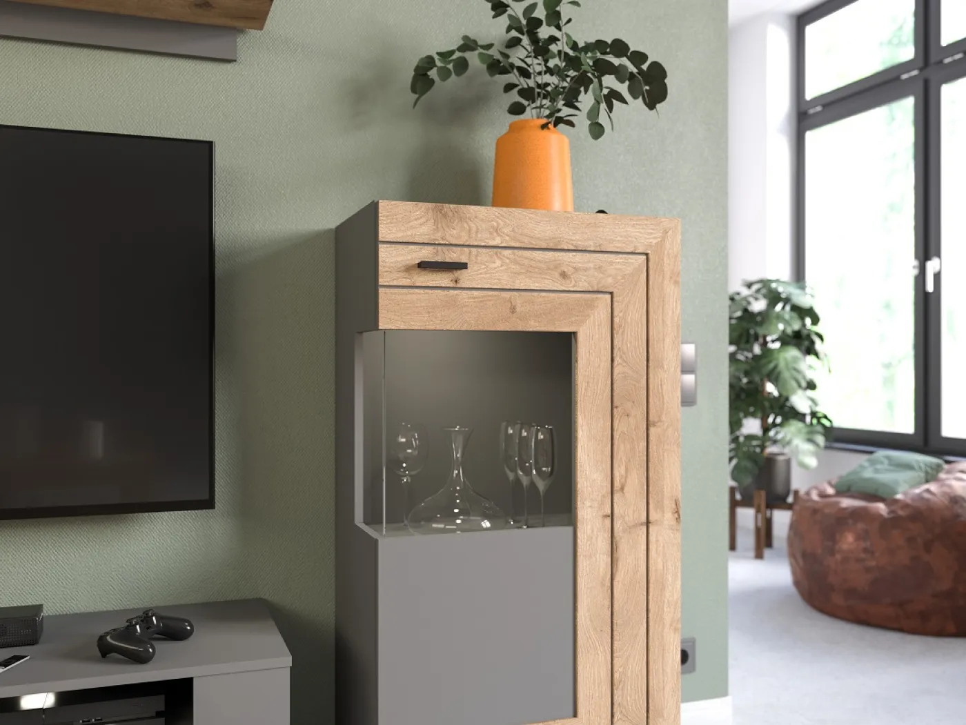 Standschrank Kommode Freno | grau matt / Nox Oak | mit 2er Set LED Unterbauspot