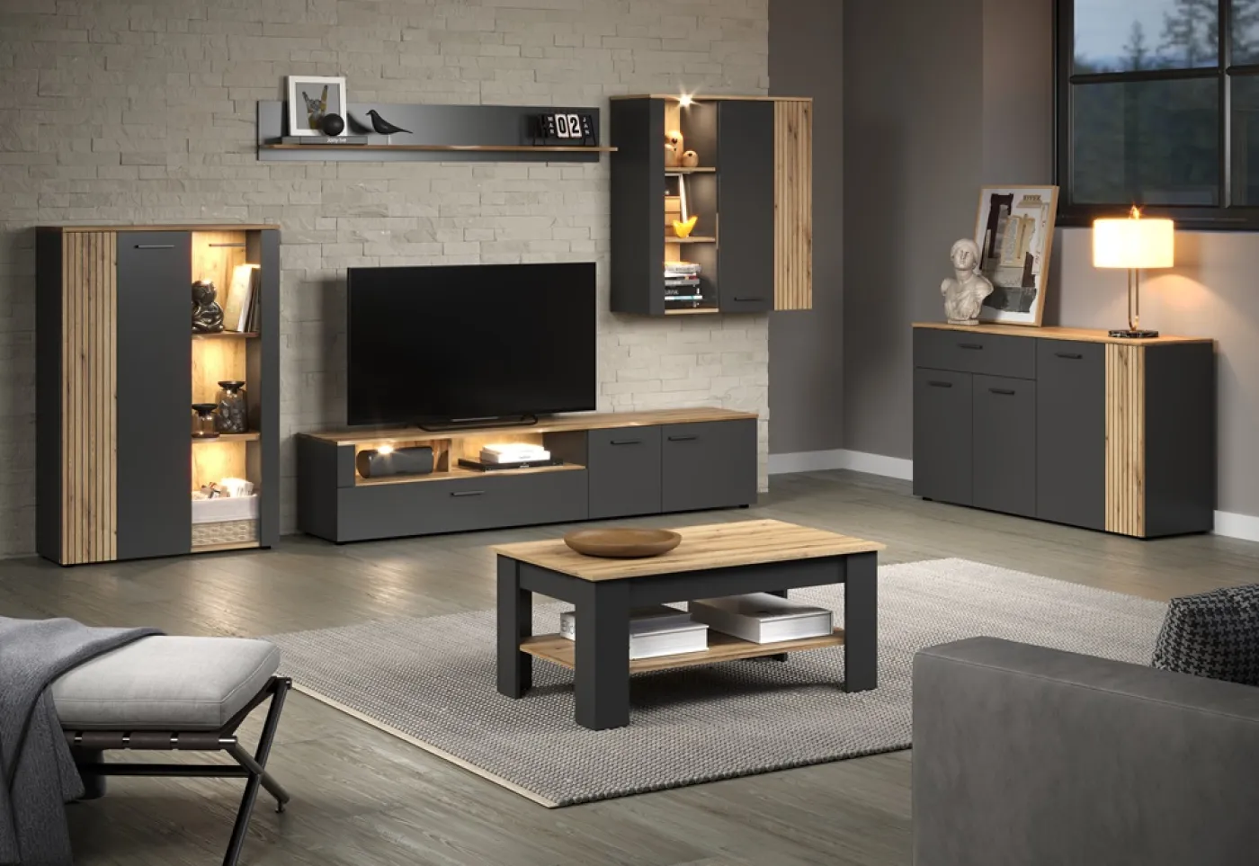 TV-Board Lowboard Esteban | Anthrazit / Coast Evoke Oak 2er Set LED Unterbauspot