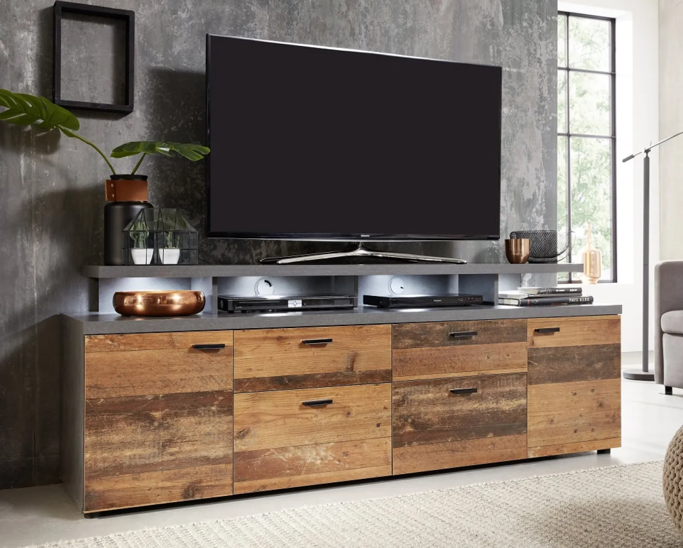 TV Lowboard Mood | Old Used Wood / Matera grau | Shabby Look ohne Beleuchtung