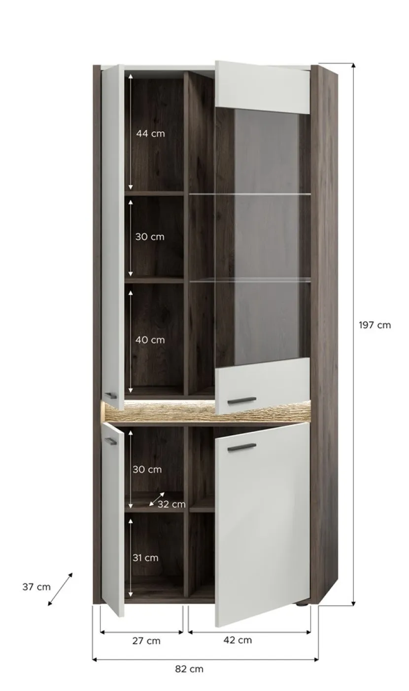 Vitrine Falcona breit | Nox Oak dunkel / hellgrau | LED Beleuchtung