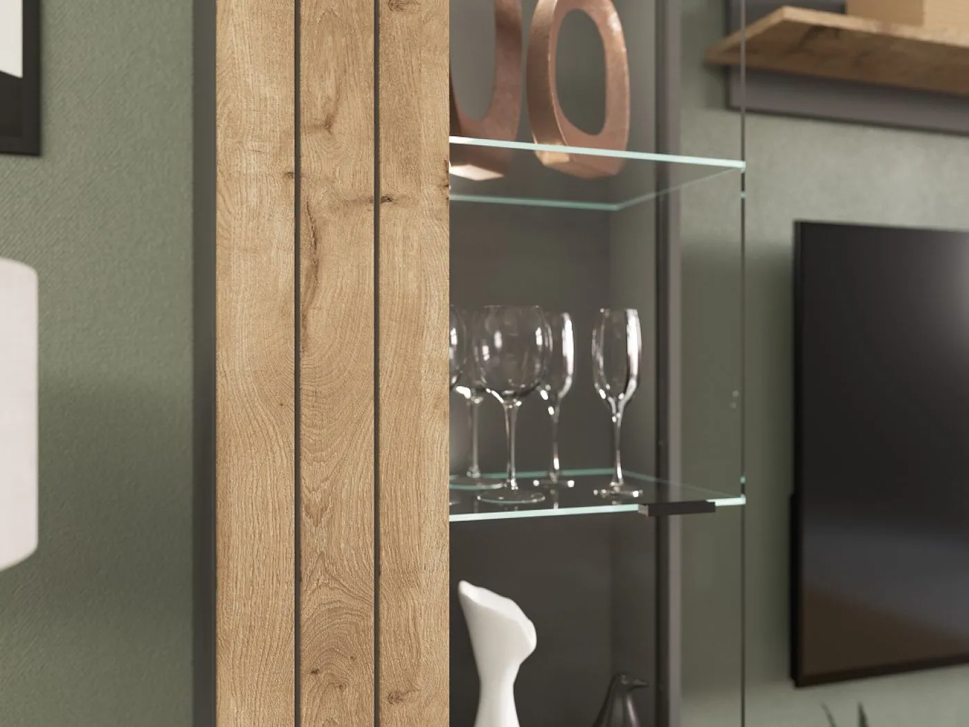 Vitrine Freno | grau matt / Nox Oak | inkl. LED Beleuchtung ohne Beleuchtung