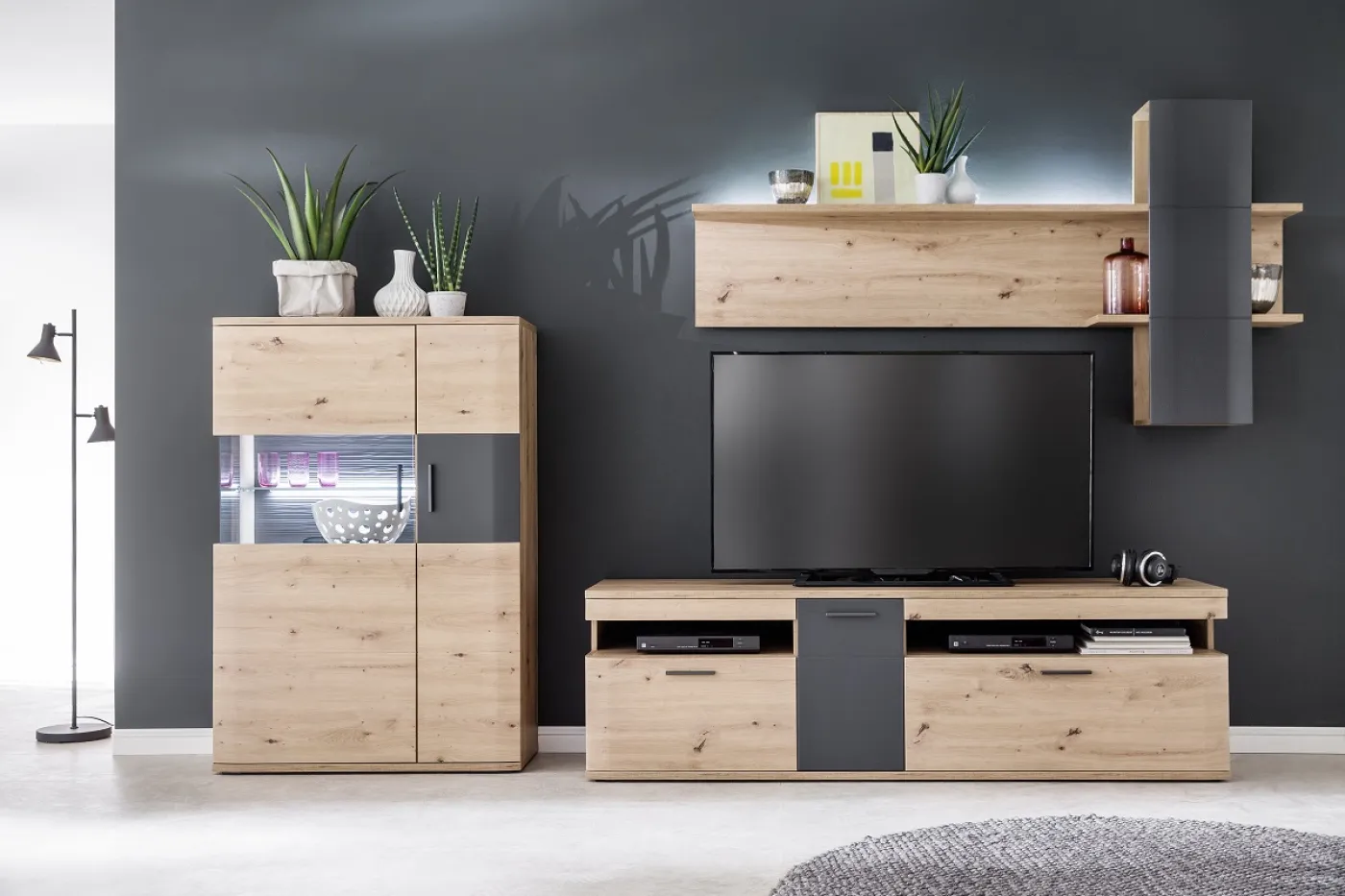 Wandboard Cordona 2 | Balkeneiche / anthrazit | LED Beleuchtung mit LED Bandbeleuchtung 115 cm