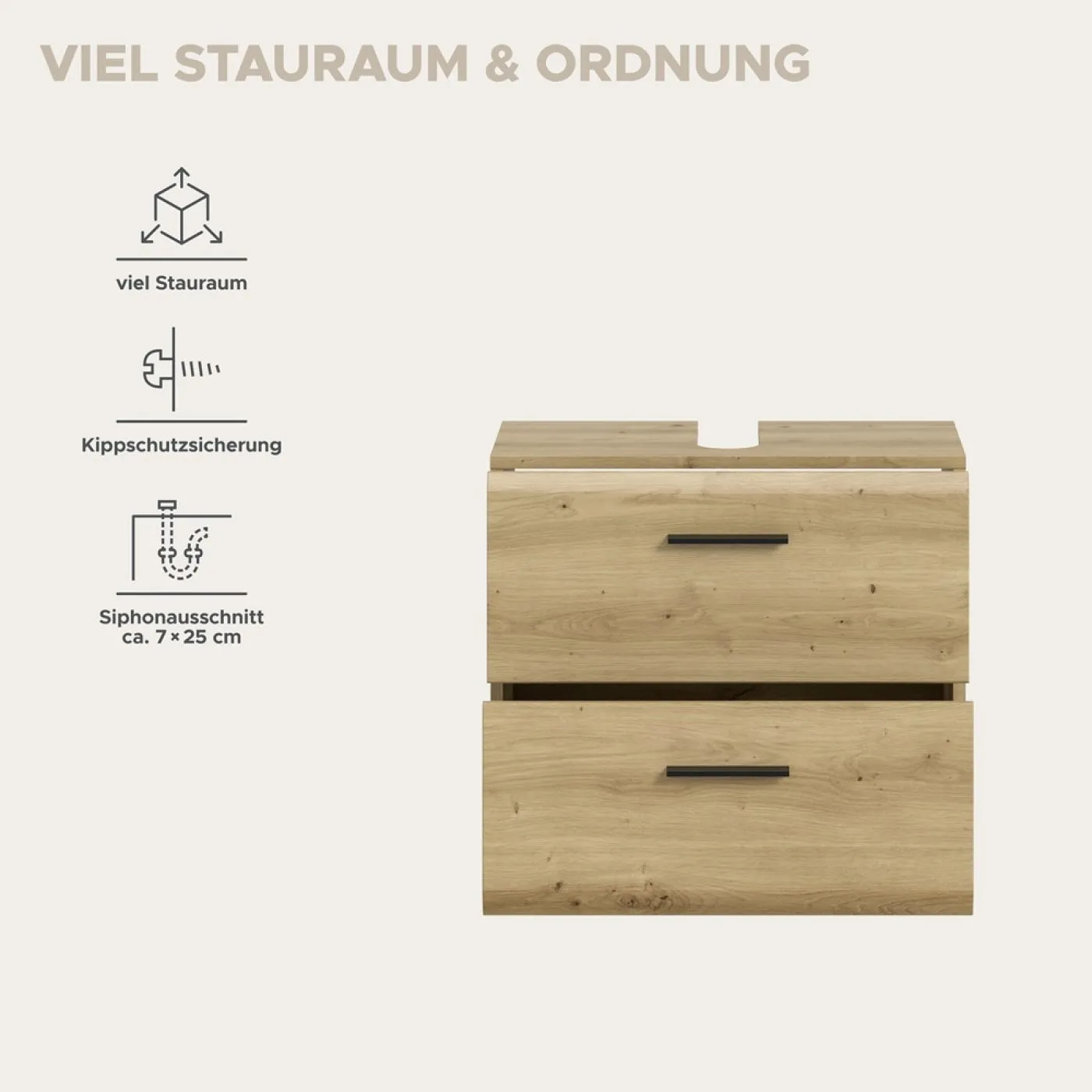 Waschbeckenunterschrank Ice | mit Schubkästen auf Rollen | Artisan Oak