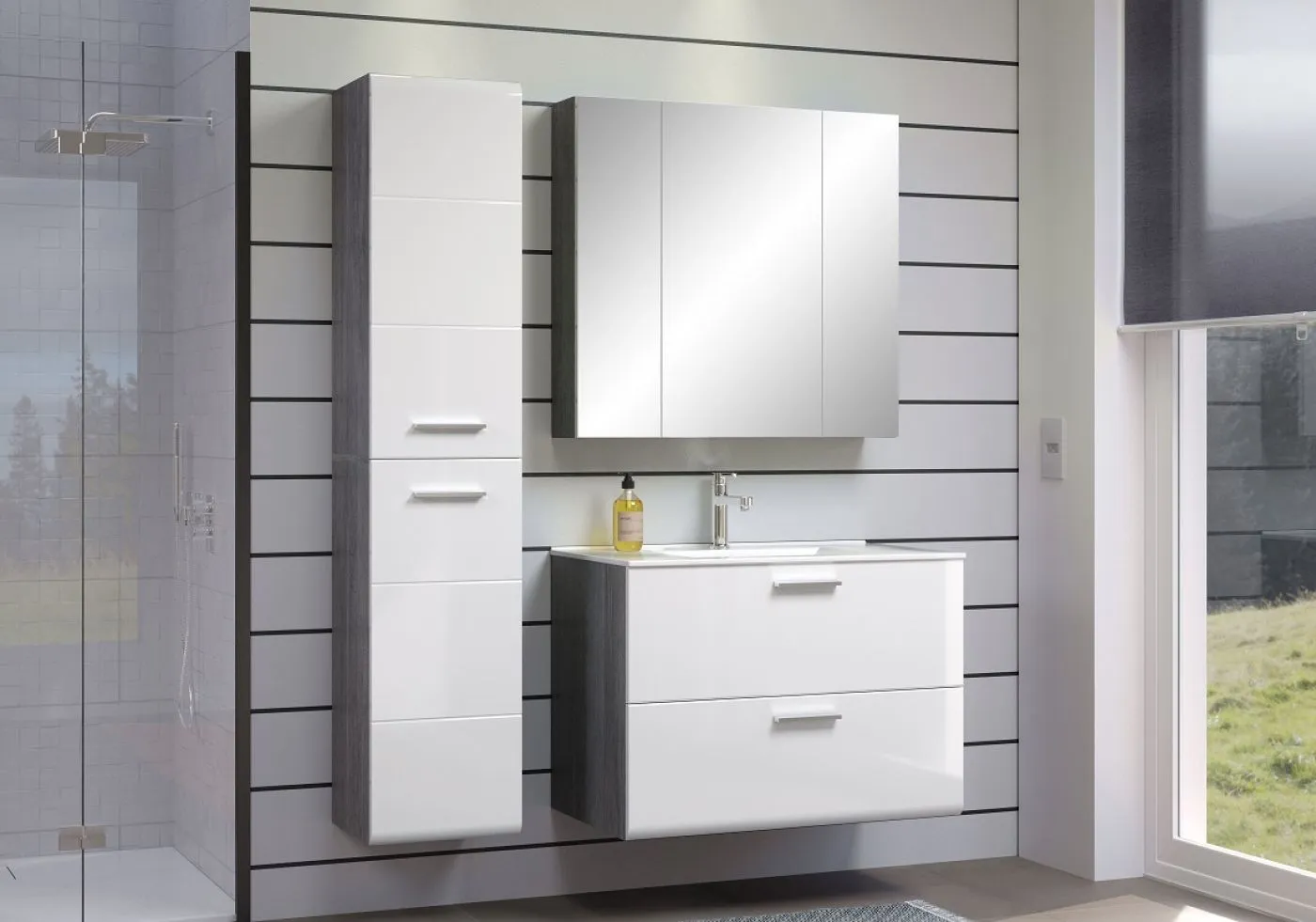 Waschbeckenunterschrank Riva 1 | inkl.Waschbecken | weiß / rauchsilber
